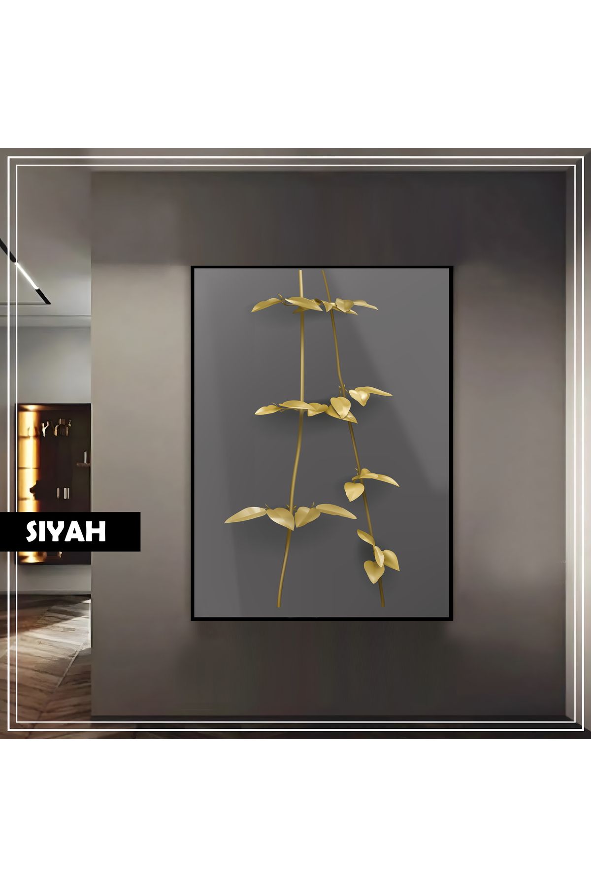Harikabirev HARİKABİREV|2-ALTIN YAPRAK DESENLİ MODEL |ÇERÇEVELİ TEMPERLİ CAM TABLO TEKLİ DİKEY
