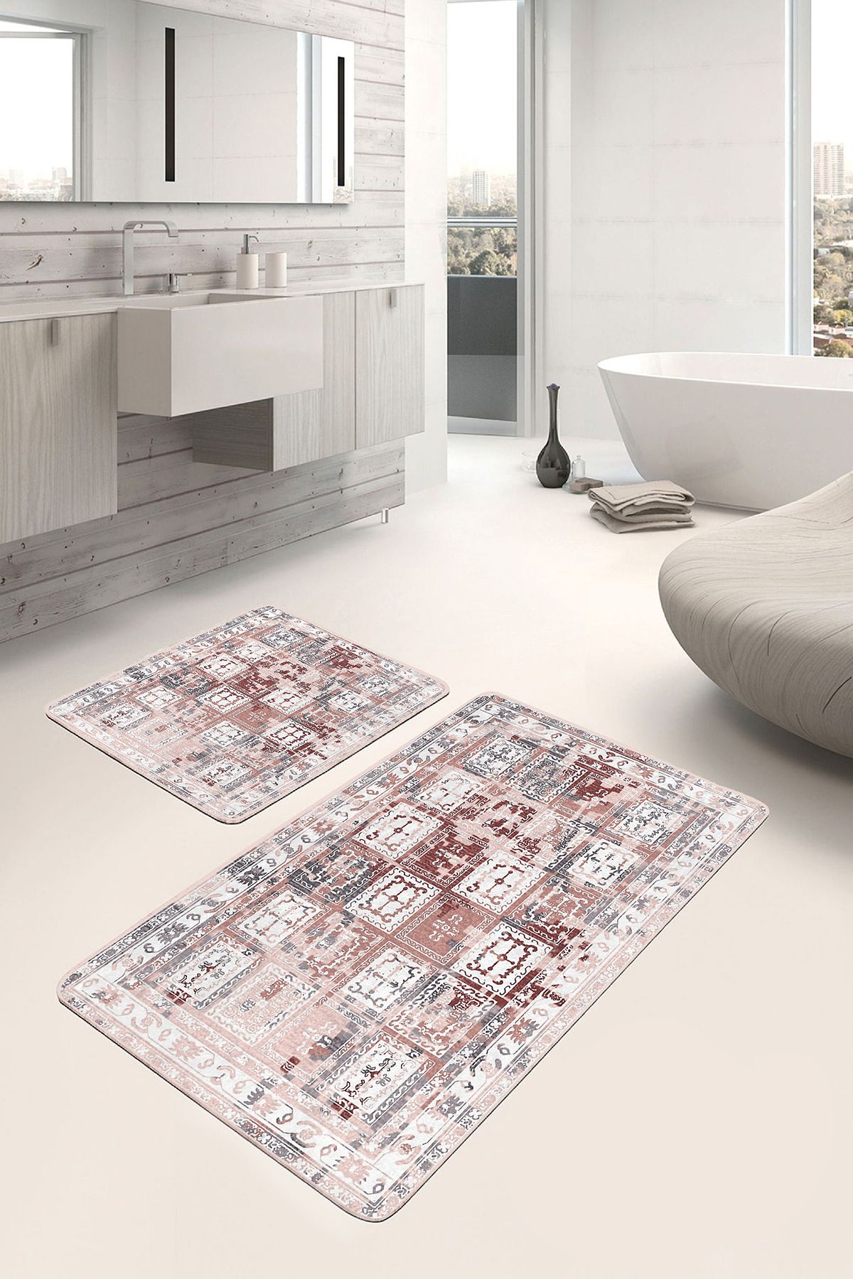 Realhomes 2'li Set Krem Zeminde Etnik Motifli Geleneksel Eskitme Motifli Vintage 2'li Banyo Paspas Takımı