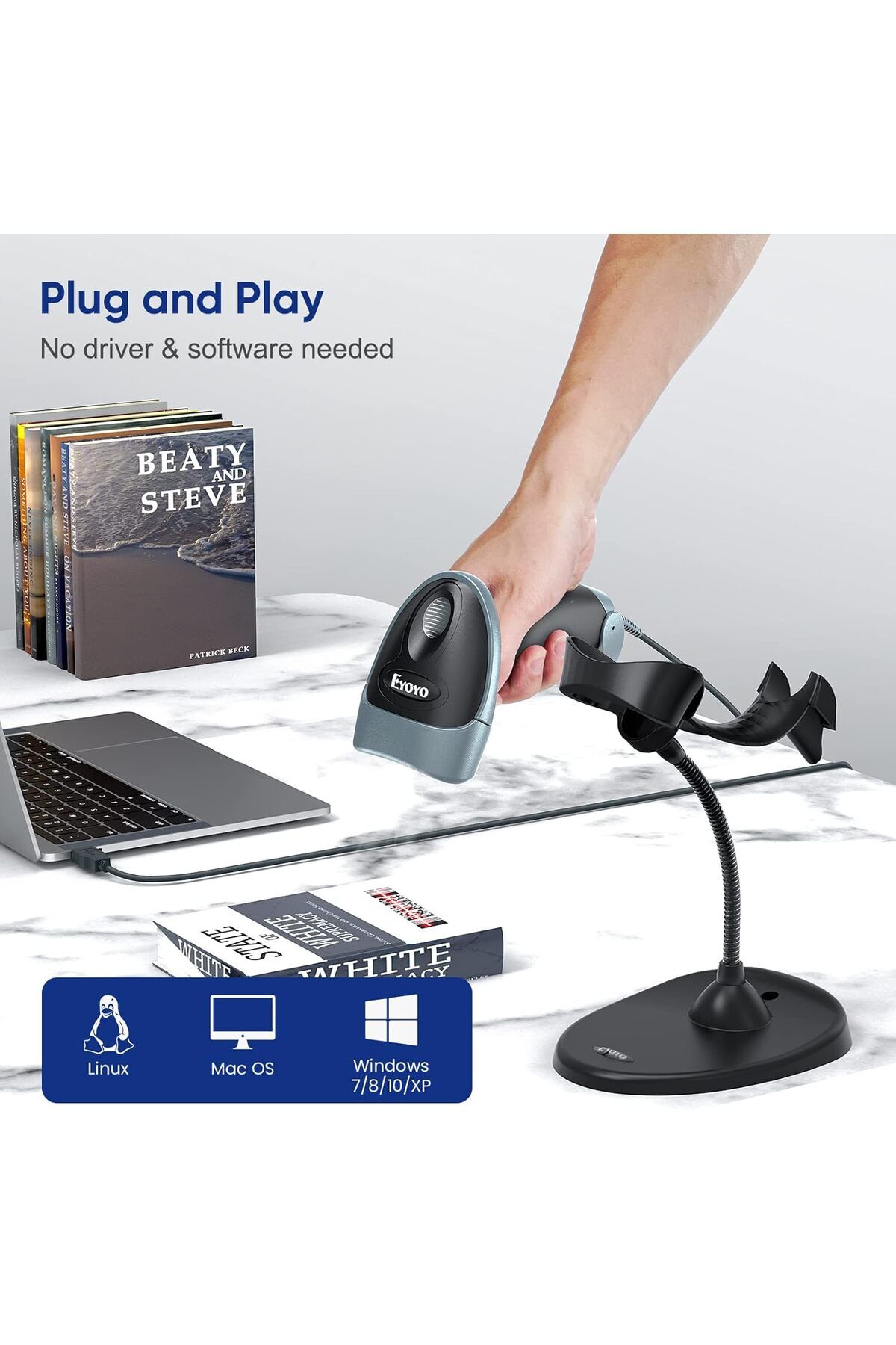 Eyoyo-Handheld 2D Barcode Scanner with Gooseneck Stand, Automatic USB Wired QR Code Scanner 3