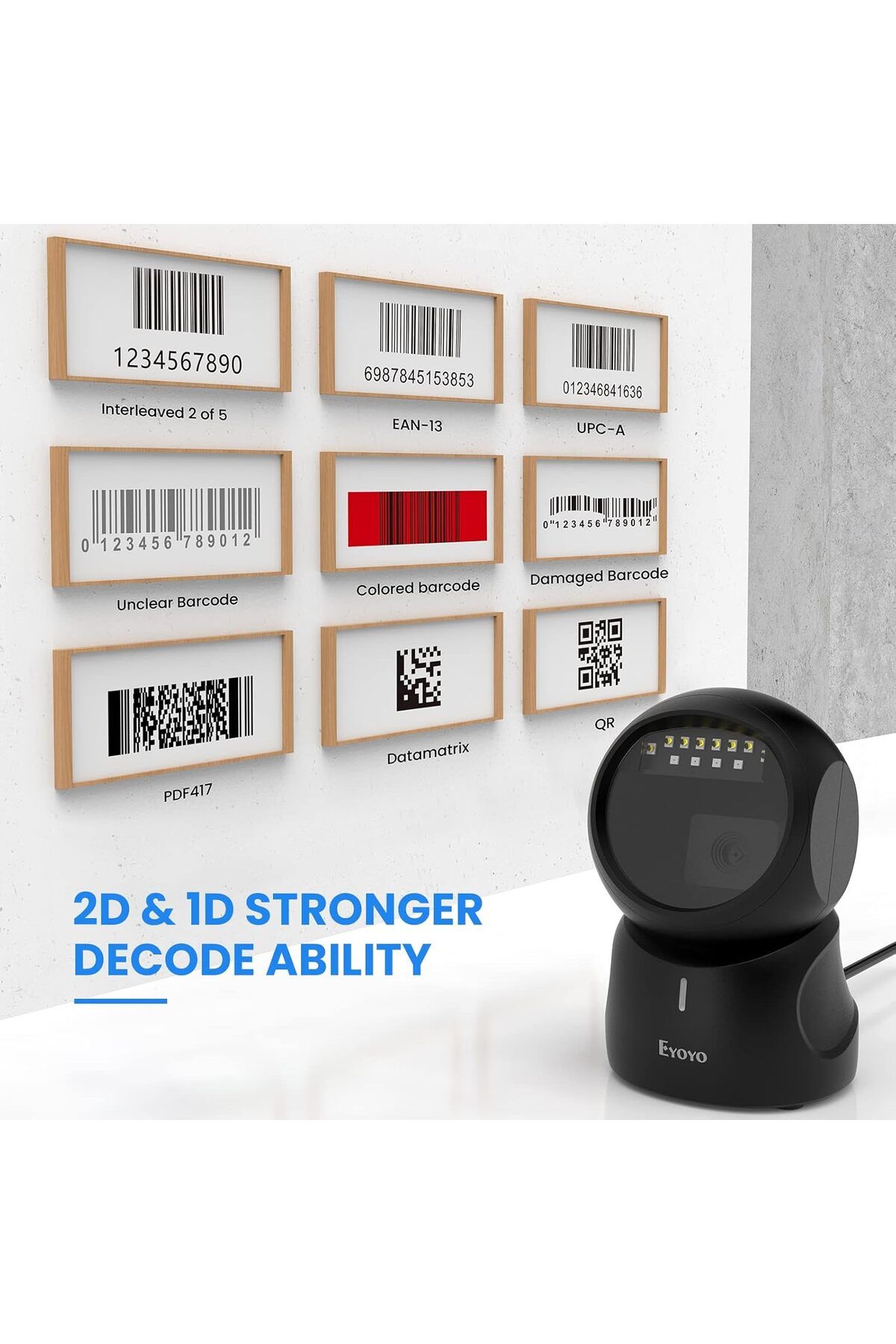Eyoyo-Barcode Scanner, QR 2D Hands-Free Omnidirectional Automatic Sensing Scanning USB Desktop Barco 7
