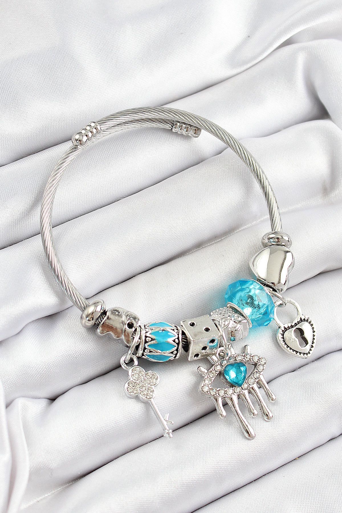 callerrons accessories Mavi Zirkon Taşlı Göz Kilit Ve Anahtar Model Gümüş Renk Charm Bileklik - EBJ250628W35905