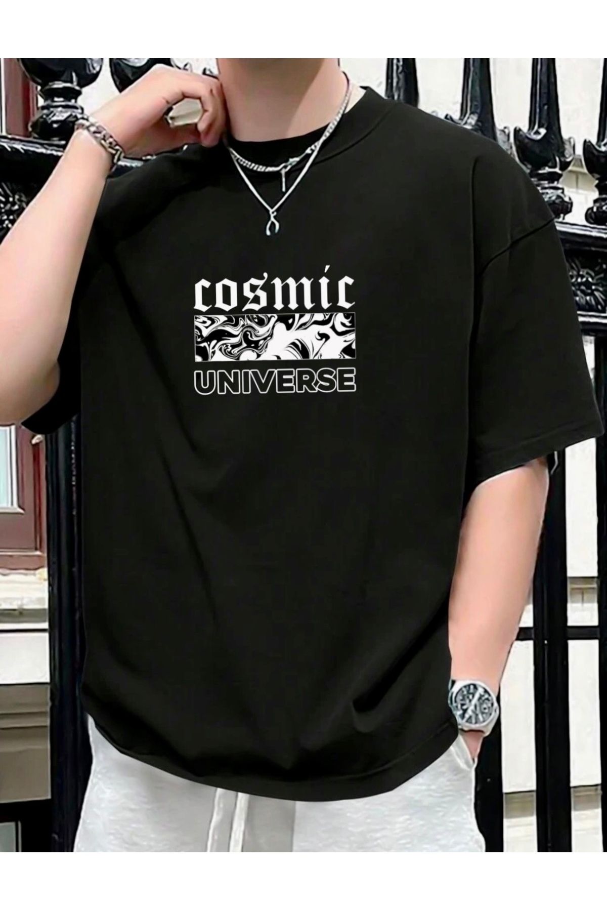 RPT MODA OVERSIZE RAHAT KALIP COSMIC BASKILI YÜKSEK KALİTE KUMAŞ ERKEK T-SHIRT