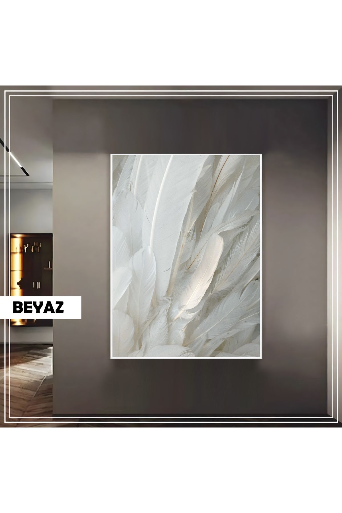 Harikabirev HARİKABİREV| BEYAZ TÜY (FEATHER) MODELİ |ÇERÇEVELİ TEMPERLİ CAM TABLO TEKLİ DİKEY