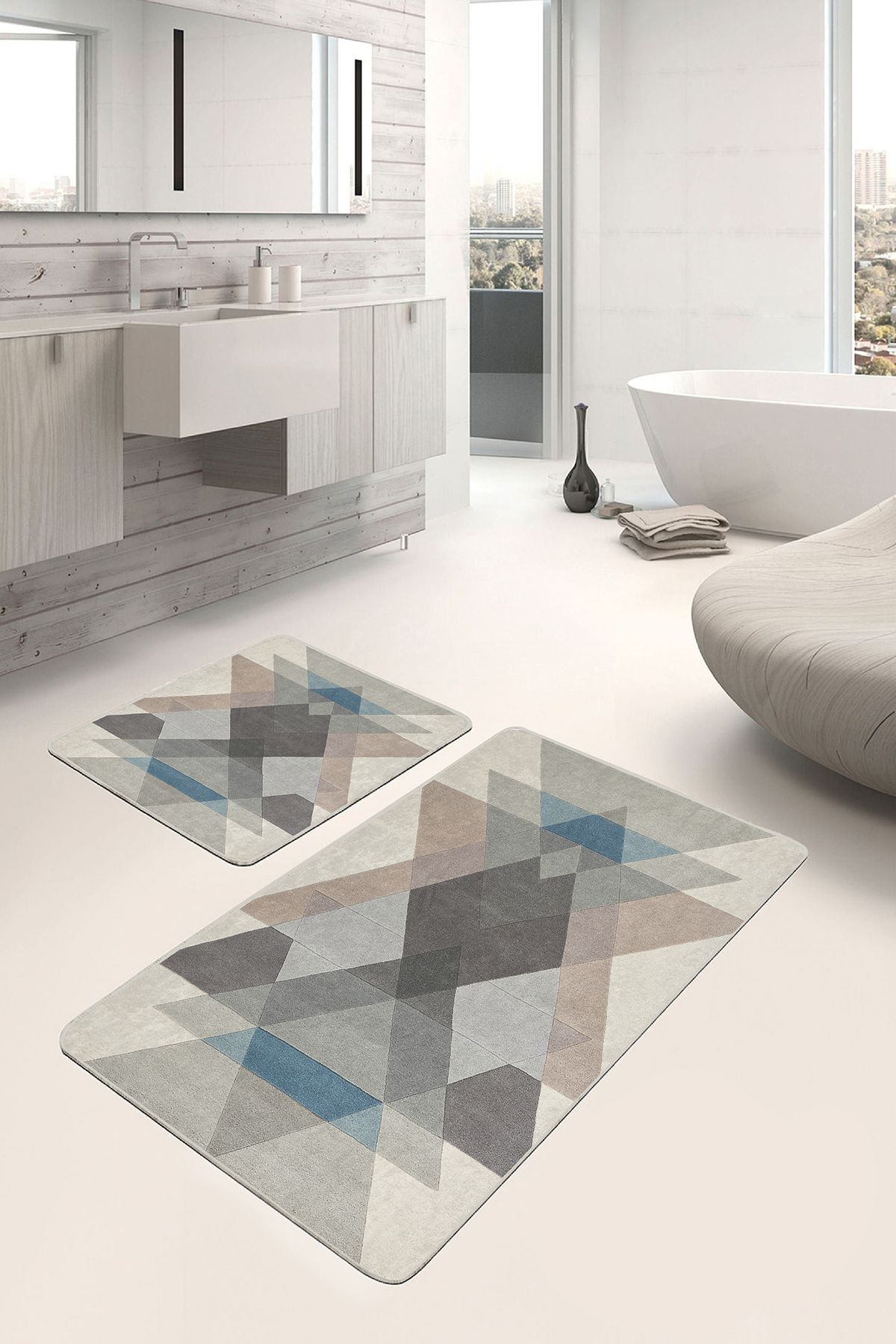 Realhomes Ekru Kahverengi Zeminde Geometrik Motifli Üçgen Geometrik Sade Şık 2'li Banyo Mutfak Paspas Takımı