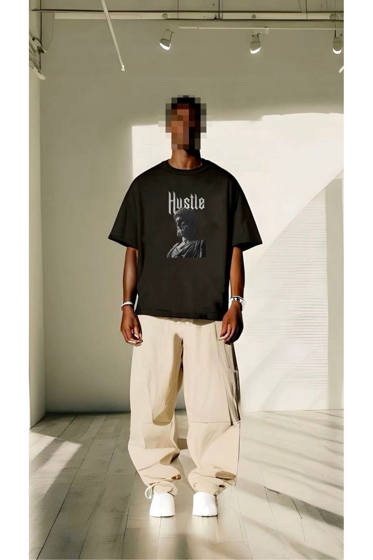 RPT MODA OVERSIZE RAHAT KALIP HUSTLE BASKILI YÜKSEK KALİTE KUMAŞ ERKEK T-SHIRT