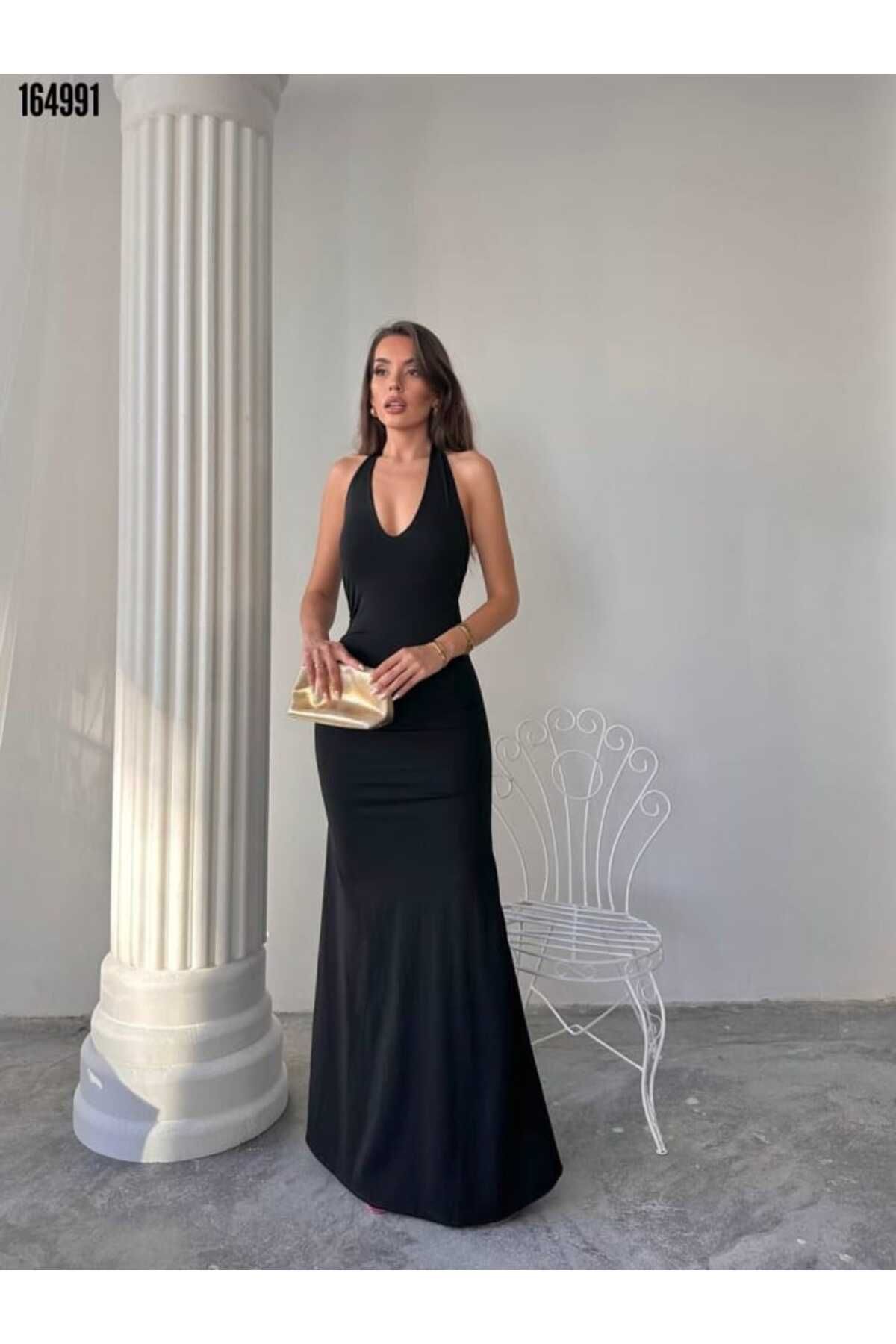 Cbm Maxi halter elbise Kırmızı Gül Figürlü Kolye hediye