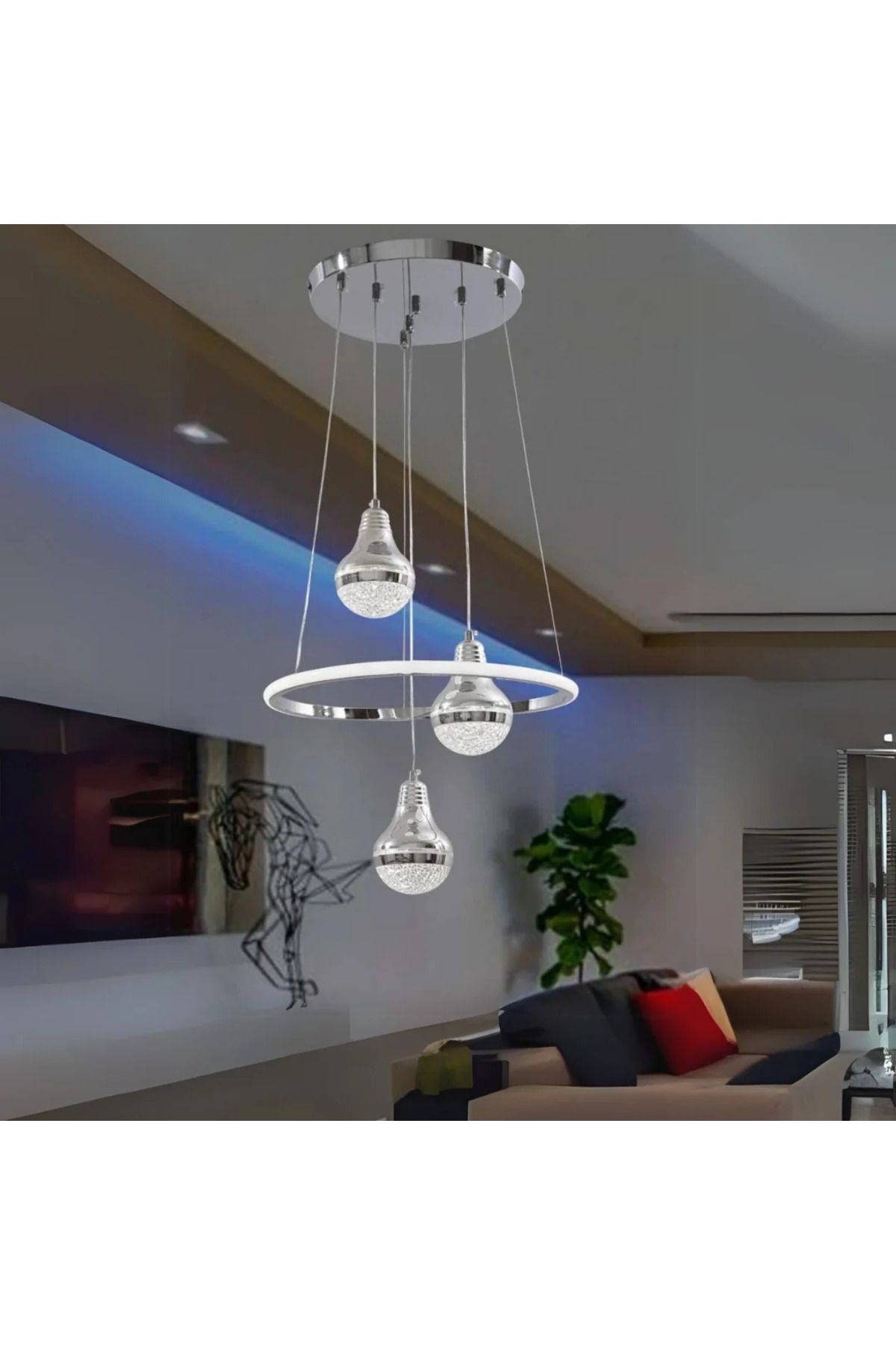 durulight Krom 3 Renk Ledli Lüks Modern Sarkık 3'LÜ Ledli Avize