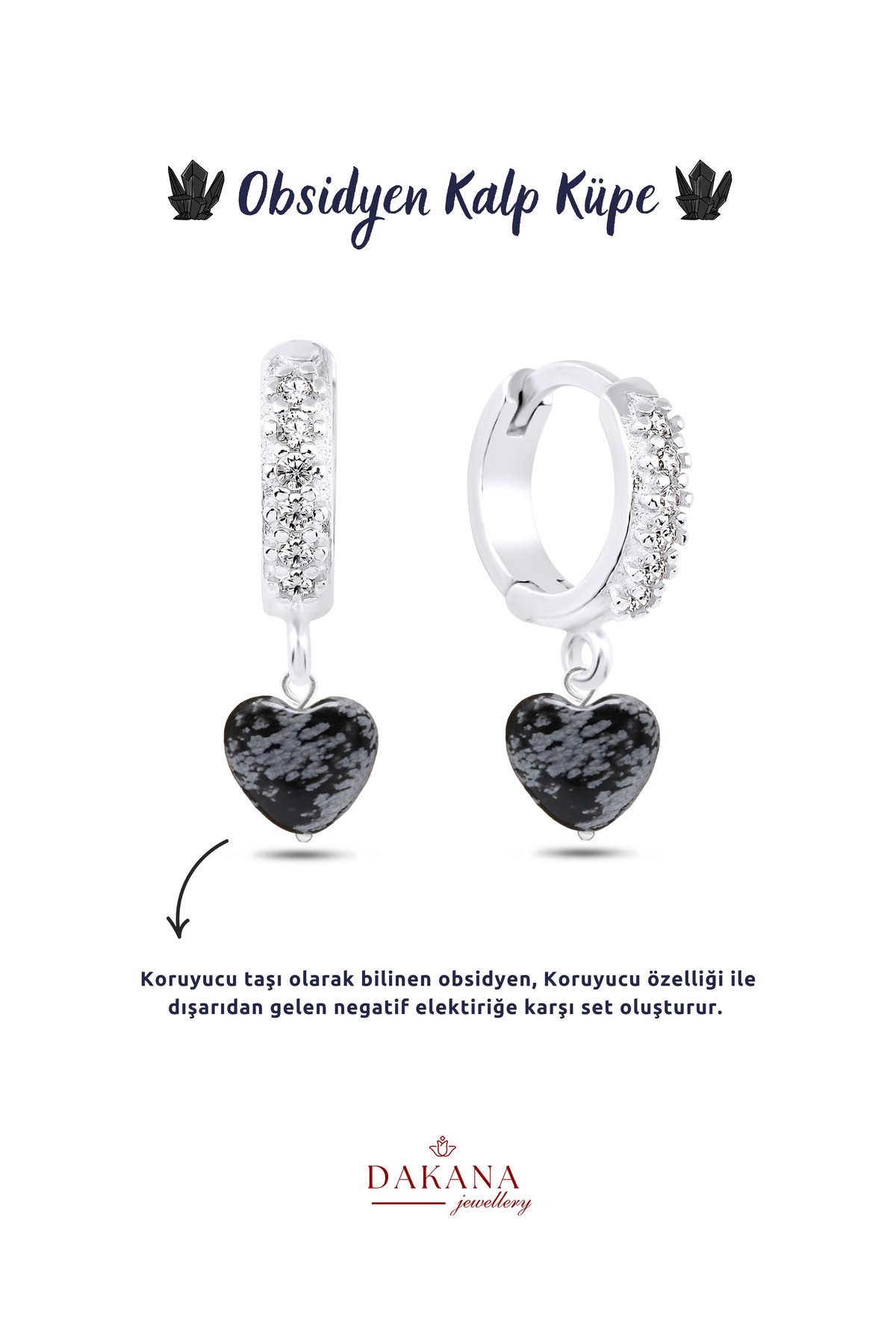 DAKANA JEWELLERY Sertifikalı Kalp Stil Damarlı Obsidyen Doğal Taş Gümüş Küpe
