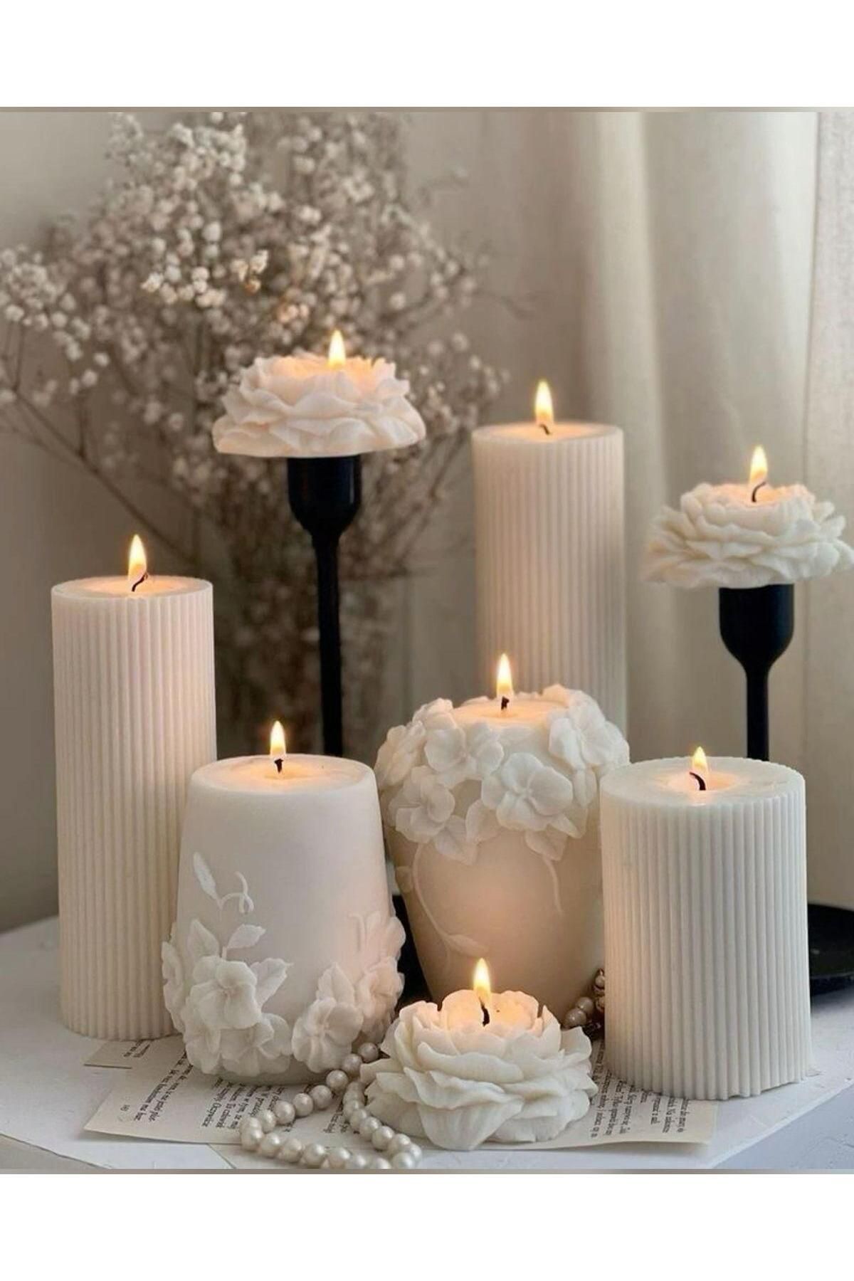 SCA CANDLE Dekoratif Mum çokgen +Gül +Şakaiik Toplam 8 parça