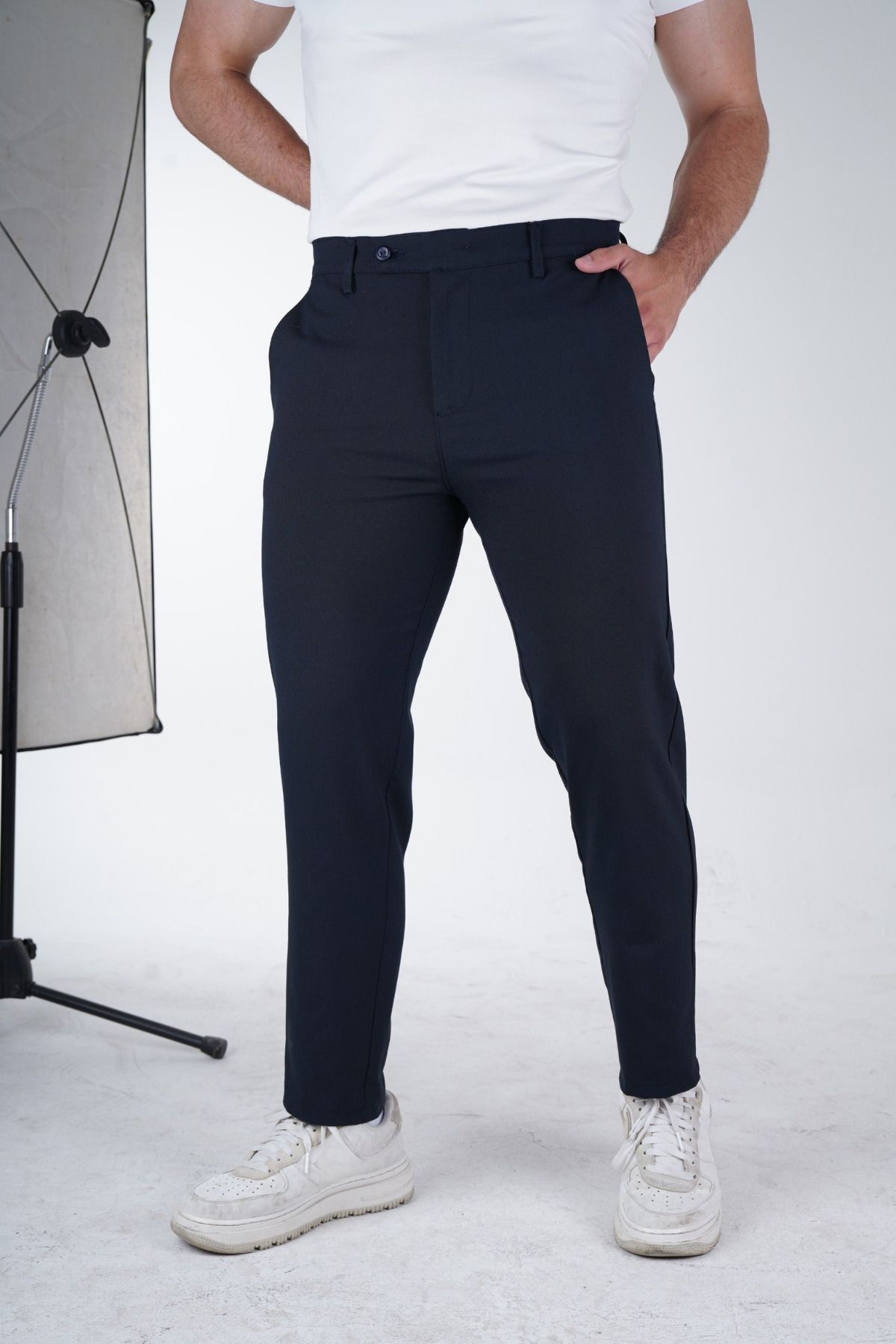 Geco Erkek Koyu Lacivert Kaliteli Esnek Likralı Bilek Boy Rahat Kesim Slim Fit Kumaş Pantolon