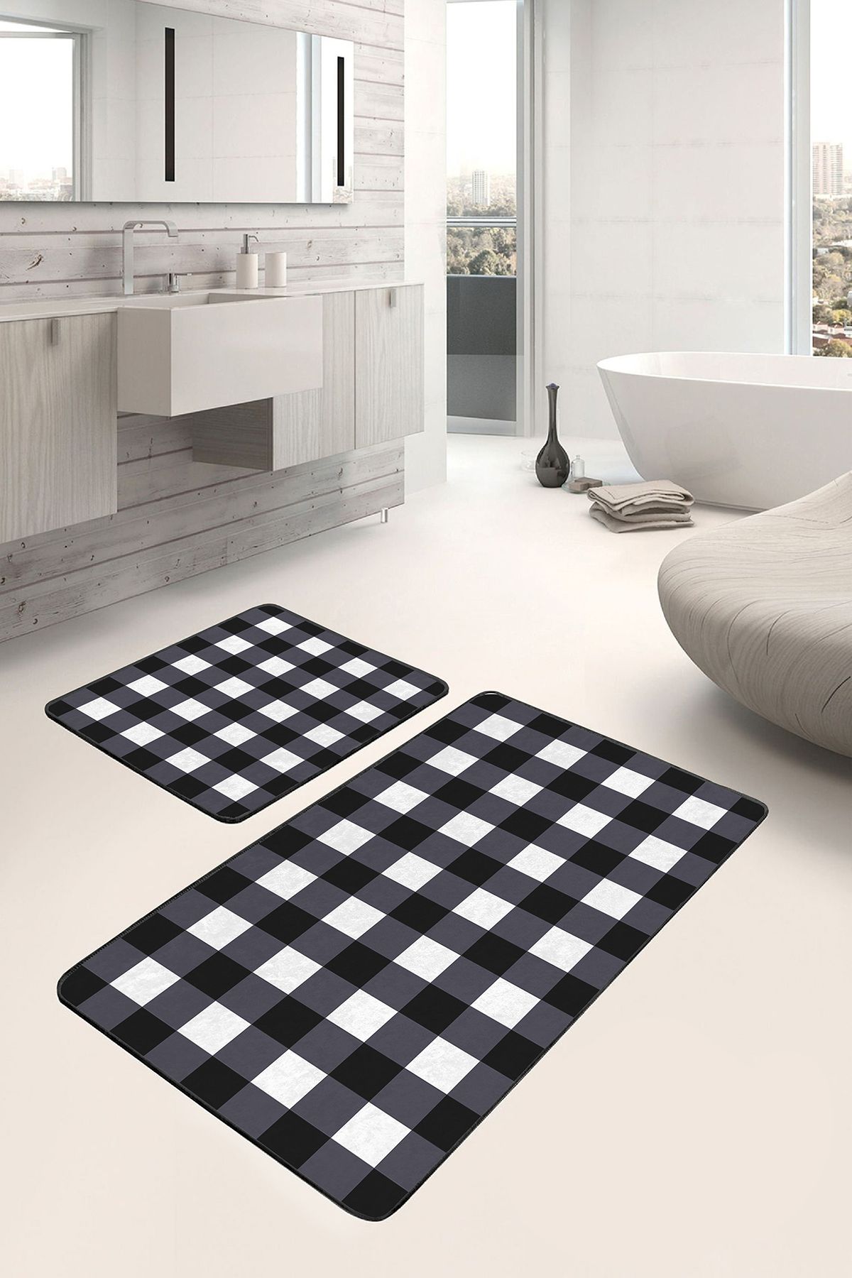 Realhomes 2'li Set Siyah - Beyaz Zeminde Kareli Motifli Ekose Sade & Şık Geometrik 2'li Banyo Paspas Takımı