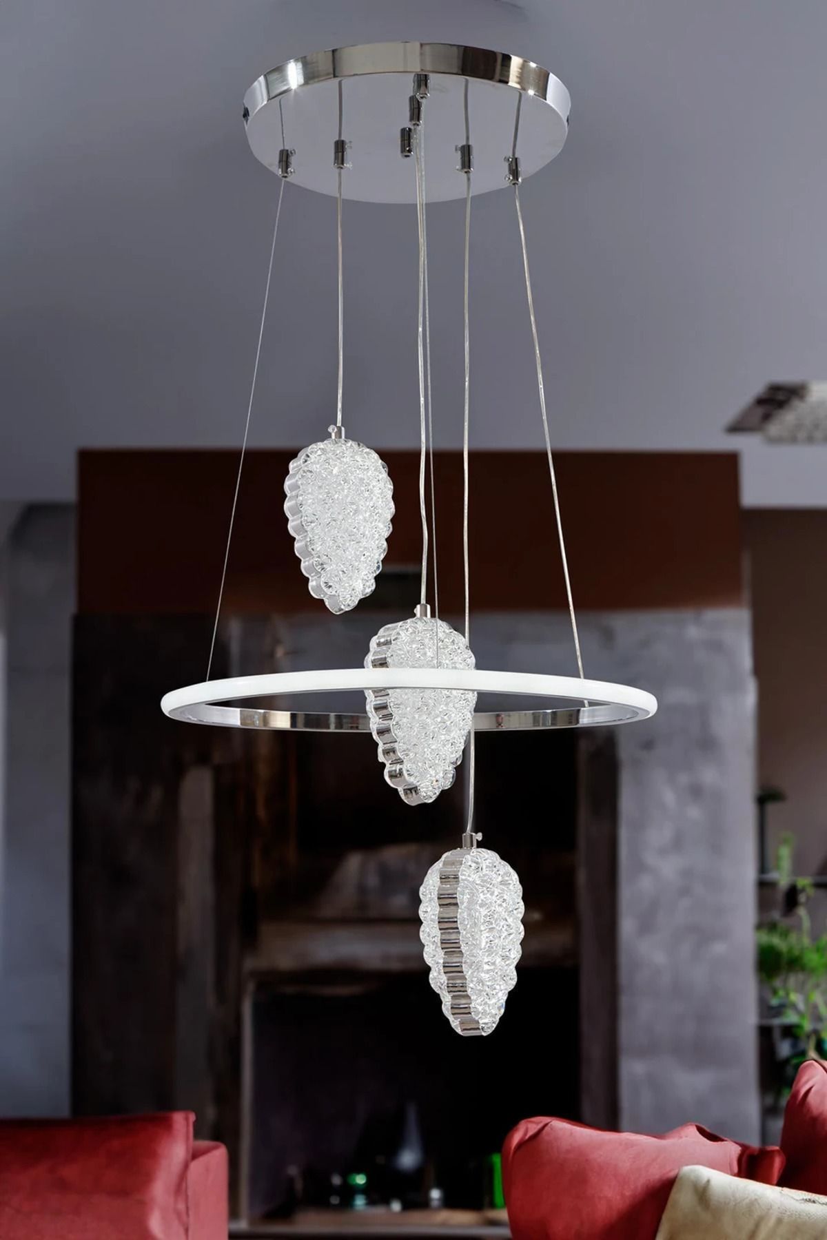 durulight Krom 3 Renk Ledli Lüks Modern Sarkık 3'LÜ Ledli Avize