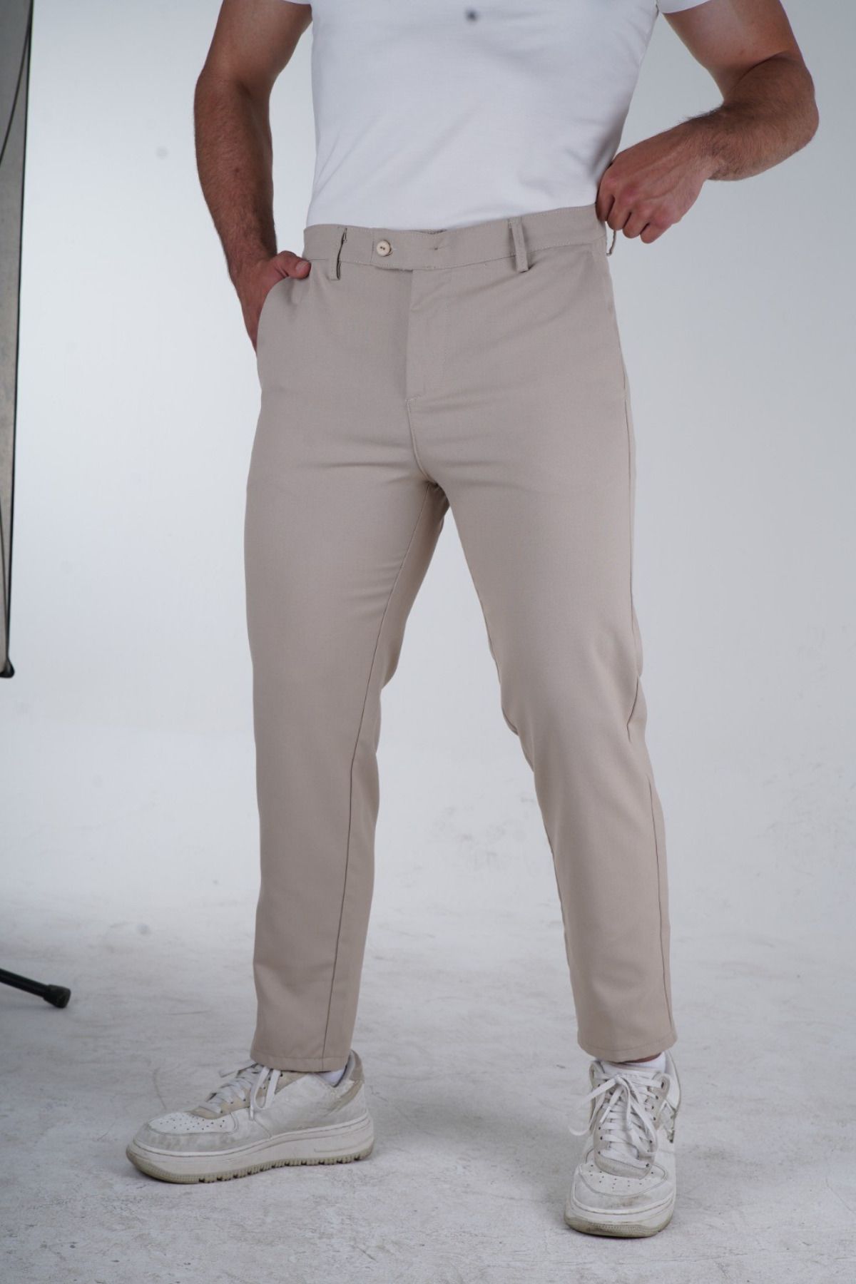 Geco Erkek Krem Kaliteli Esnek Likralı Bilek Boy Rahat Kesim Slim Fit Kumaş Pantolon