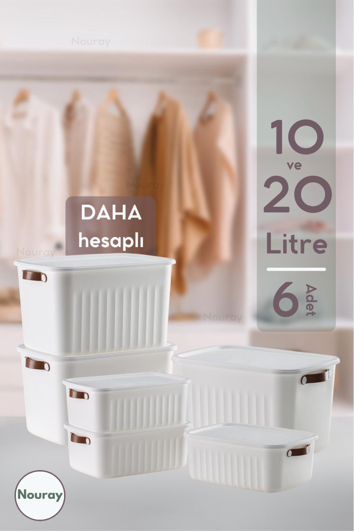 nouray 6Adet 3X20Lt-3X10Lt Dekoratif Çok Amaçlı Düzenleyici Kapaklı Kutu, Dolap Içi Düzenleyici, Organizer.