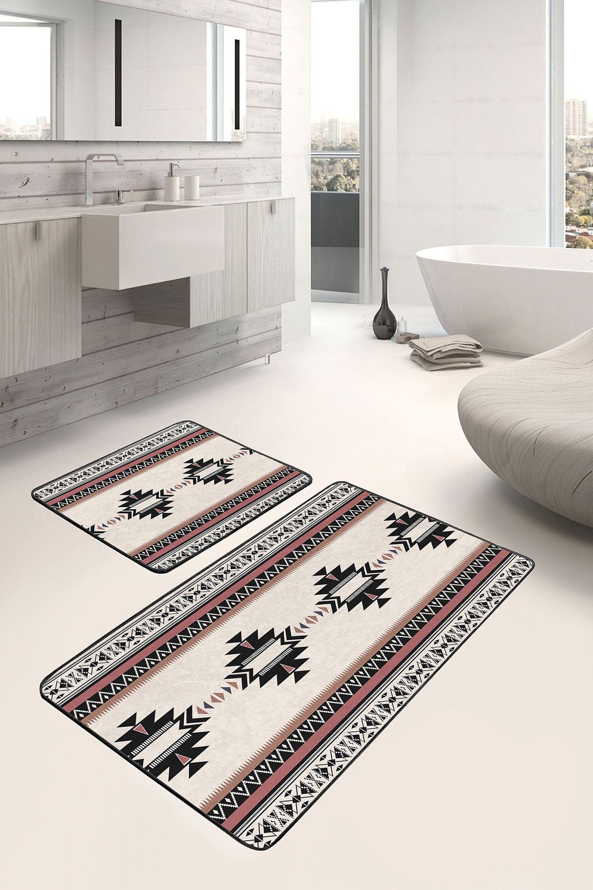 Realhomes Ekru Zeminde Vintage Motifli Geleneksel Geometrik Etnik Motifler 2'li Banyo & Mutfak Paspas Takımı