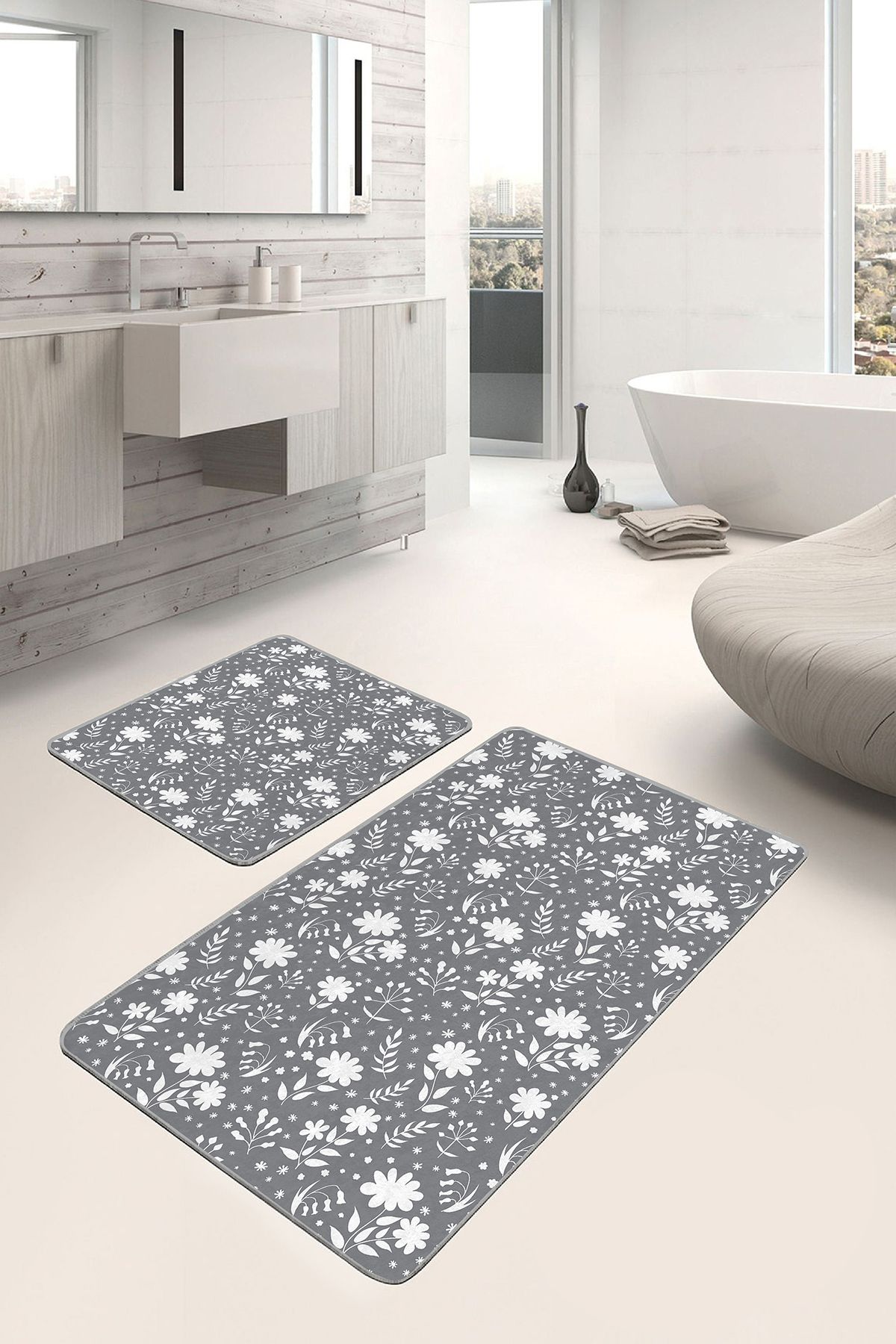 Realhomes 2'li Set Gri Beyaz Zeminde Yaprak Motifli Floral Desenli Floral Sade & Şık 2'li Banyo Paspas Takımı