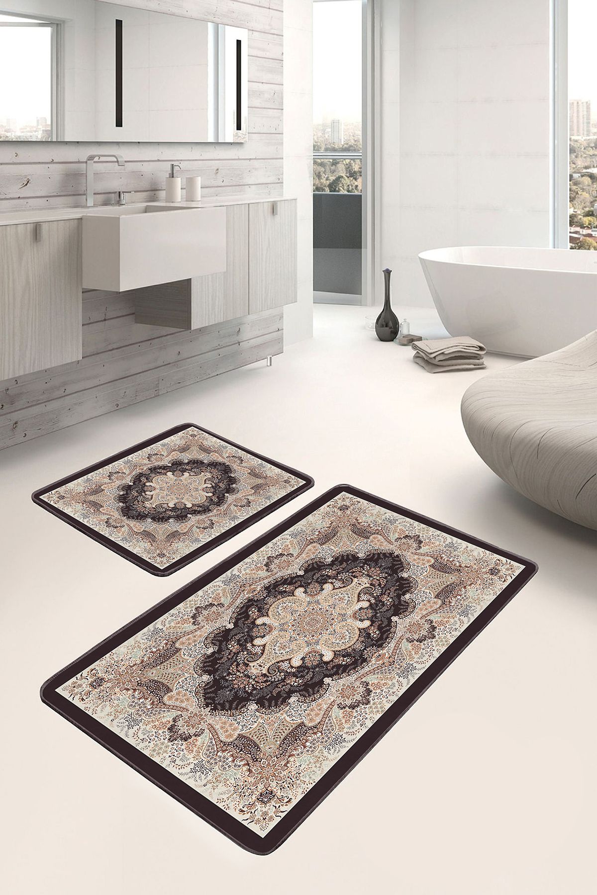 Realhomes Kahverengi Bej Zeminde Pers Motifli Dokuma Avangarde Eskitme Motifli 2'li Banyo Mutfak Paspas Takımı
