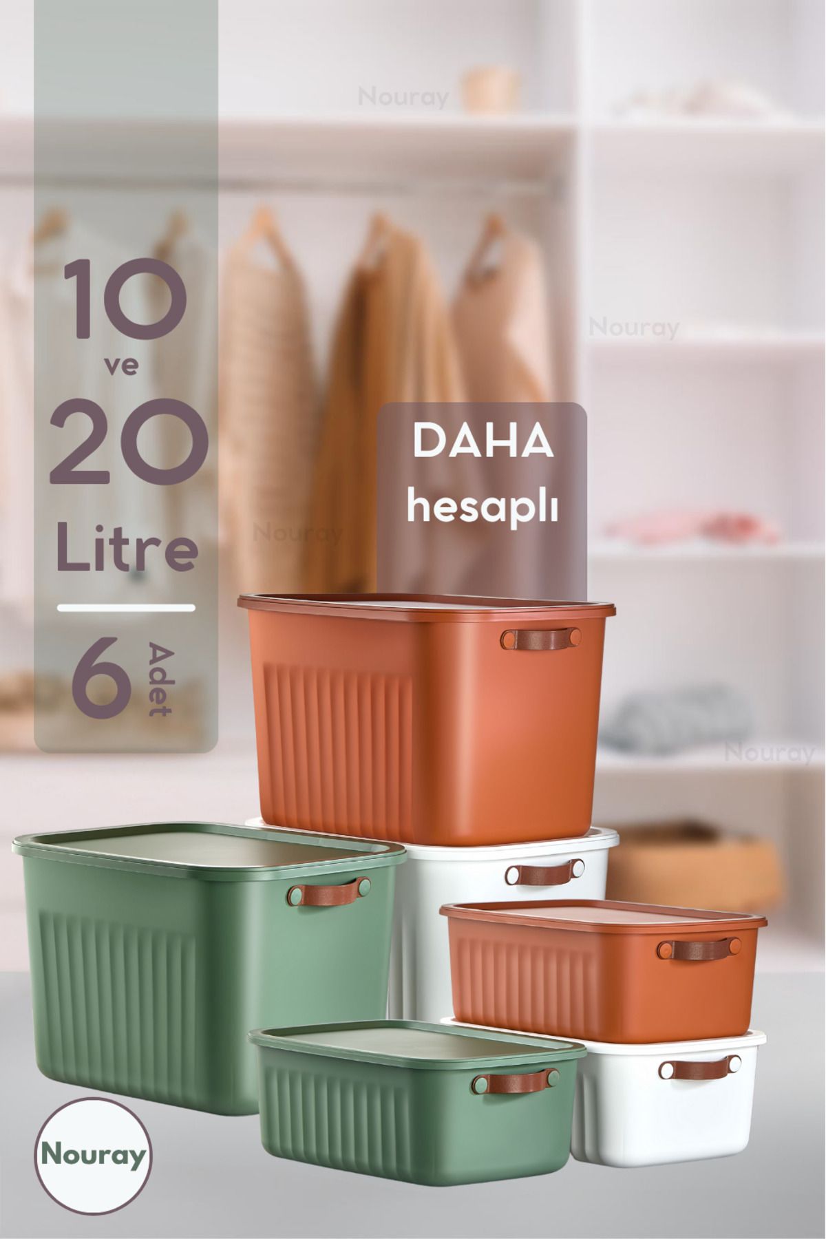 nouray 6Adet 3X20Lt-3X10Lt Dekoratif Çok Amaçlı Düzenleyici Kapaklı Kutu, Dolap Içi Düzenleyici, Organizer.