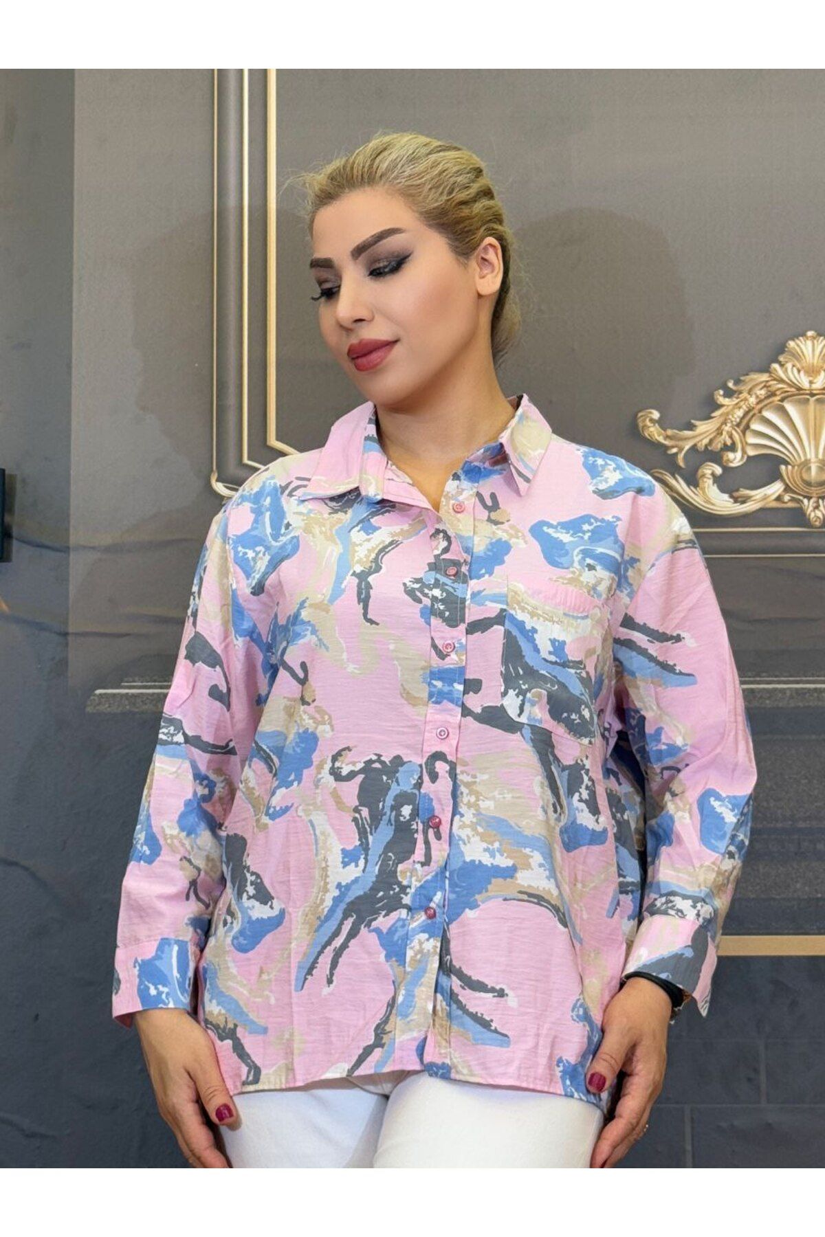 Yeşilmoda Gömlek Pamuklu viskon Erkek yaka Uzun kollu Desenli pembe renk Standart beden tek cepli günlük