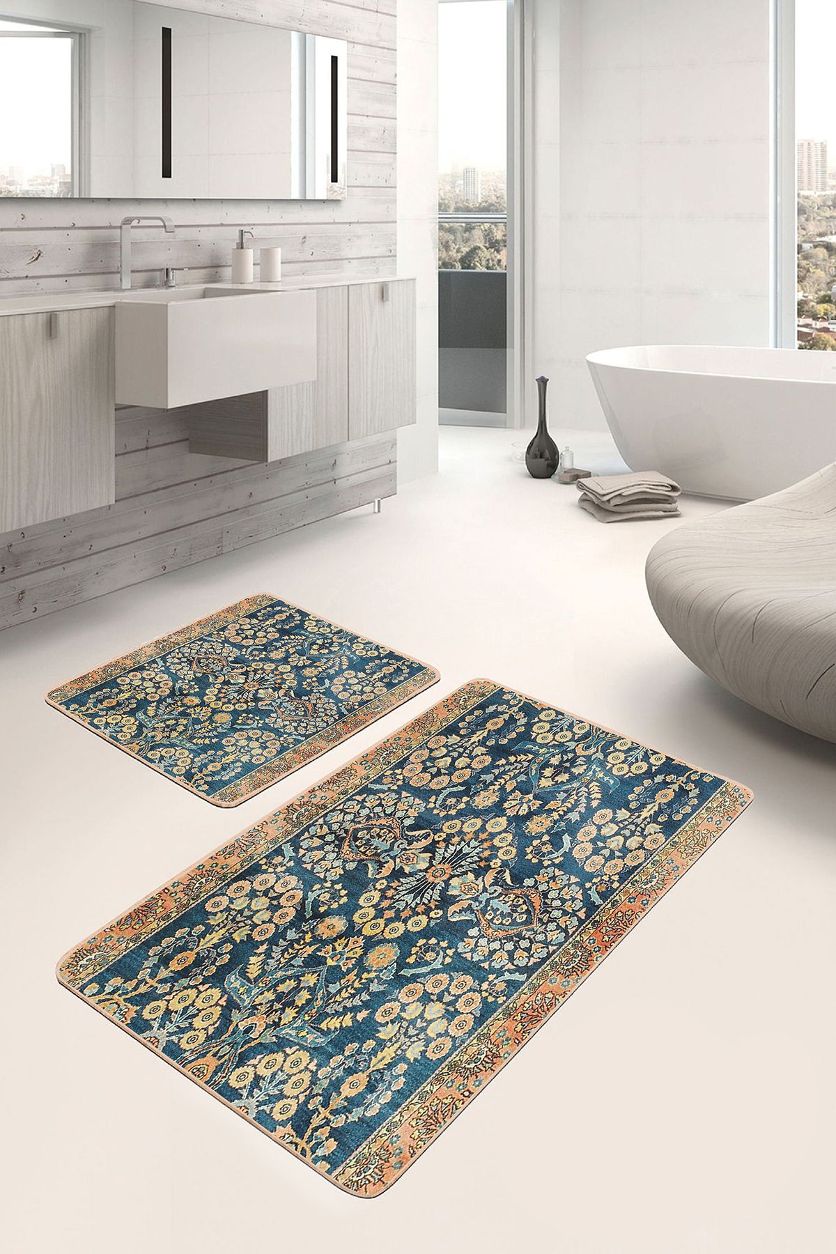 Realhomes Mavi Zeminde Kilim Motifli Geometrik Desenli Vintage Avangarde 2'li Banyo & Mutfak Paspas Takımı