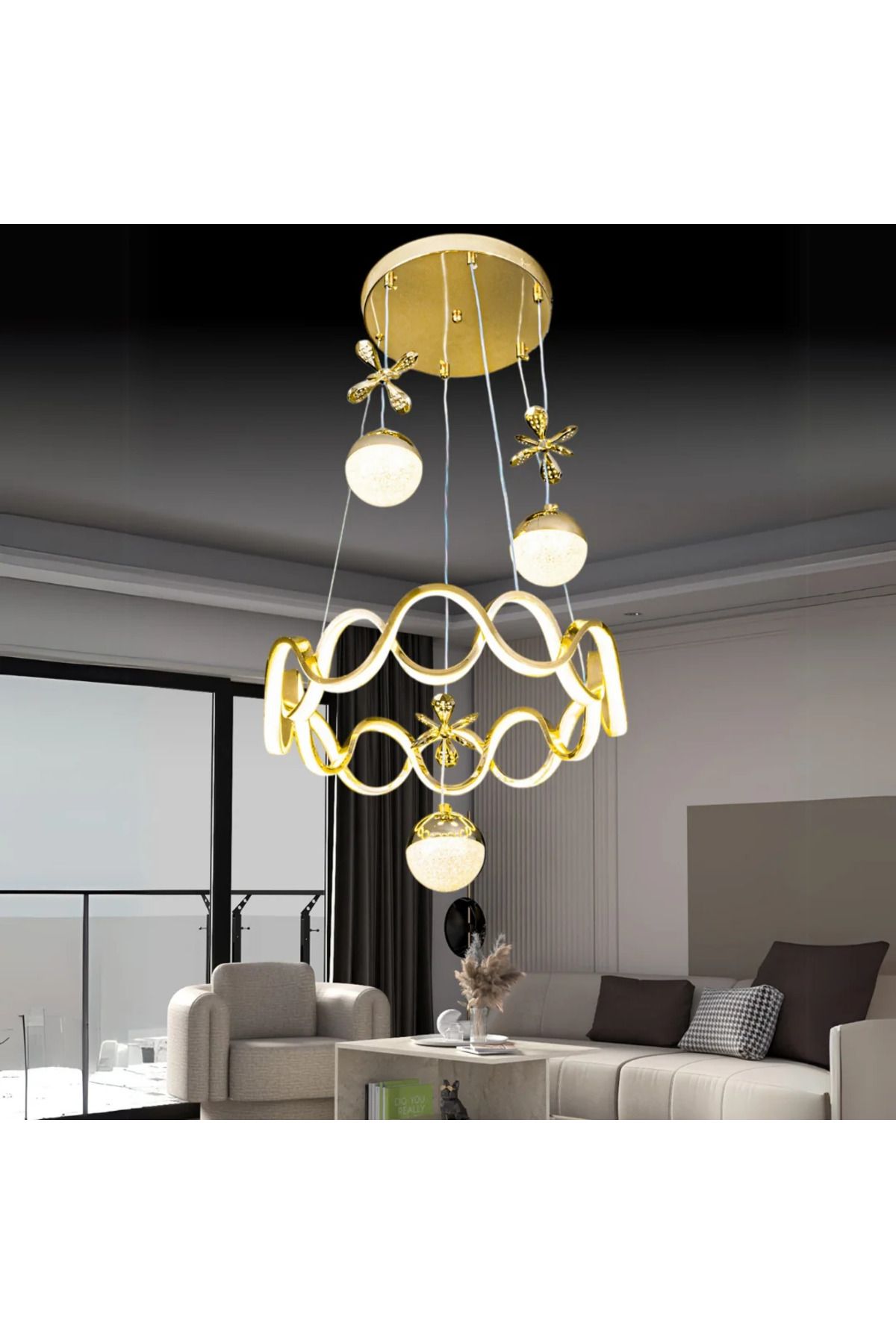 durulight Gold Kaplama 3 Renk Ledli Modern Özel Tasarım Sarkıt Ledli Avize Salon Avizesi