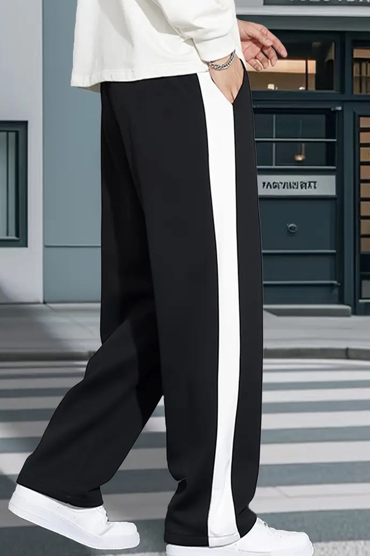 SALIENDO Erkek Kalın Şerit Casual Oversize Siyah Eşofman Altı