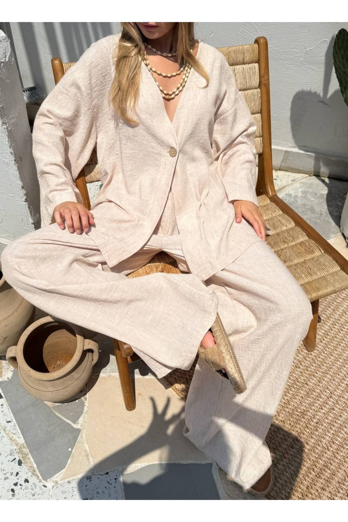 RosePearl Kadın V Yaka Bej Renk Keten Oversize Tek Düğmeli Alt & Üst Takım