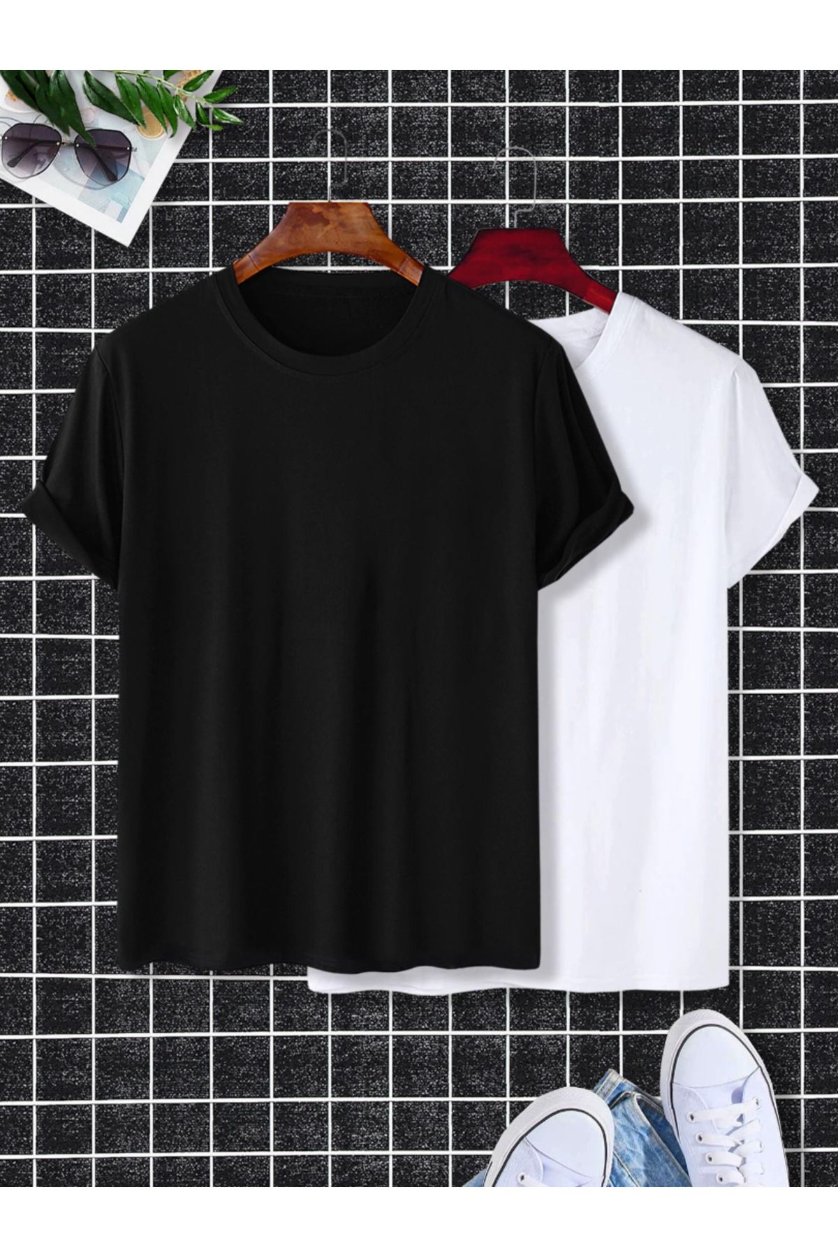 one button unisex 2'li paket siyah/beyaz erkek/kadın düz renk basic oversize pamuklu bisiklet yaka t-shirt