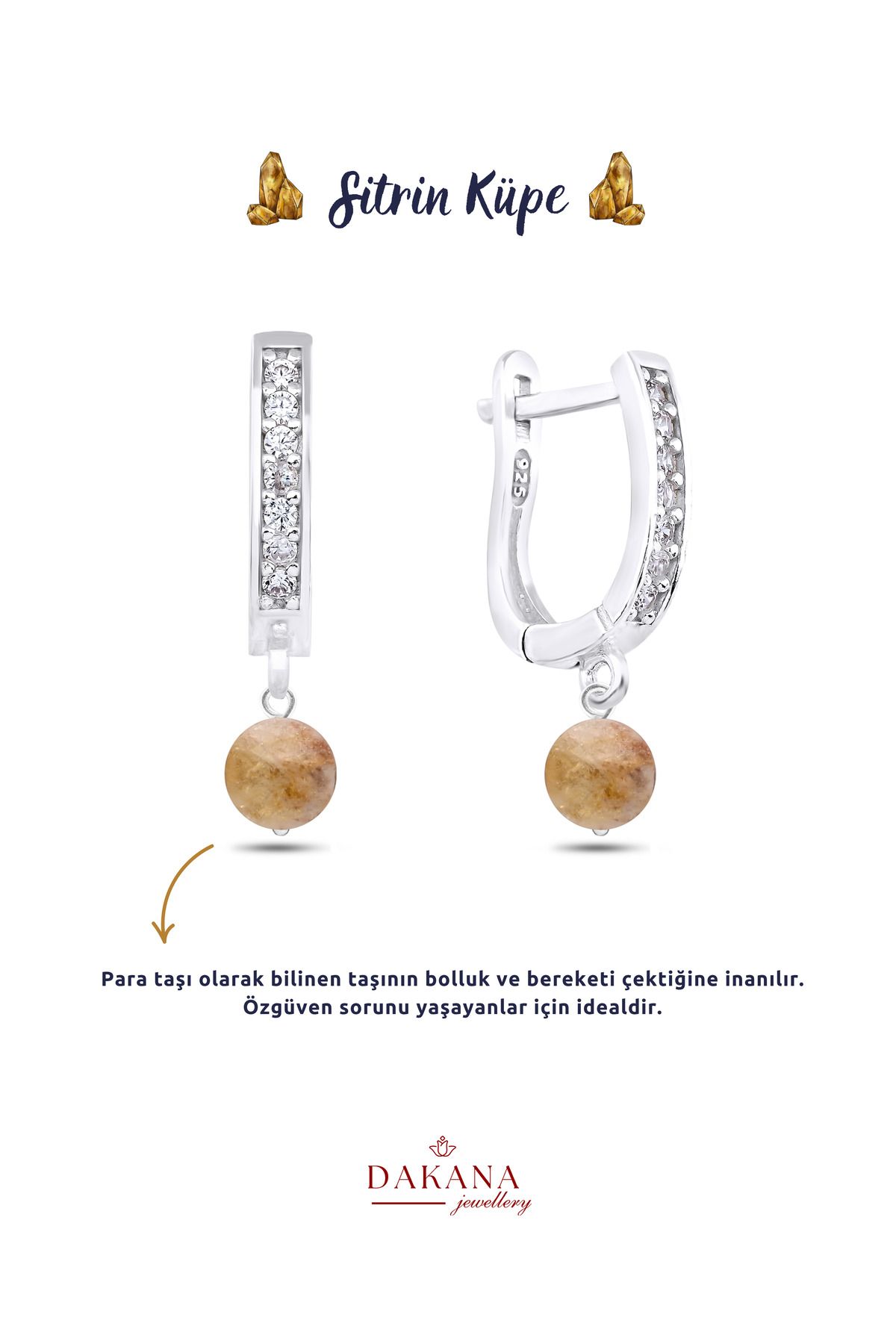DAKANA JEWELLERY Sertifikalı Faset Stil Damarlı Sitrin Doğal Taş Gümüş Küpe