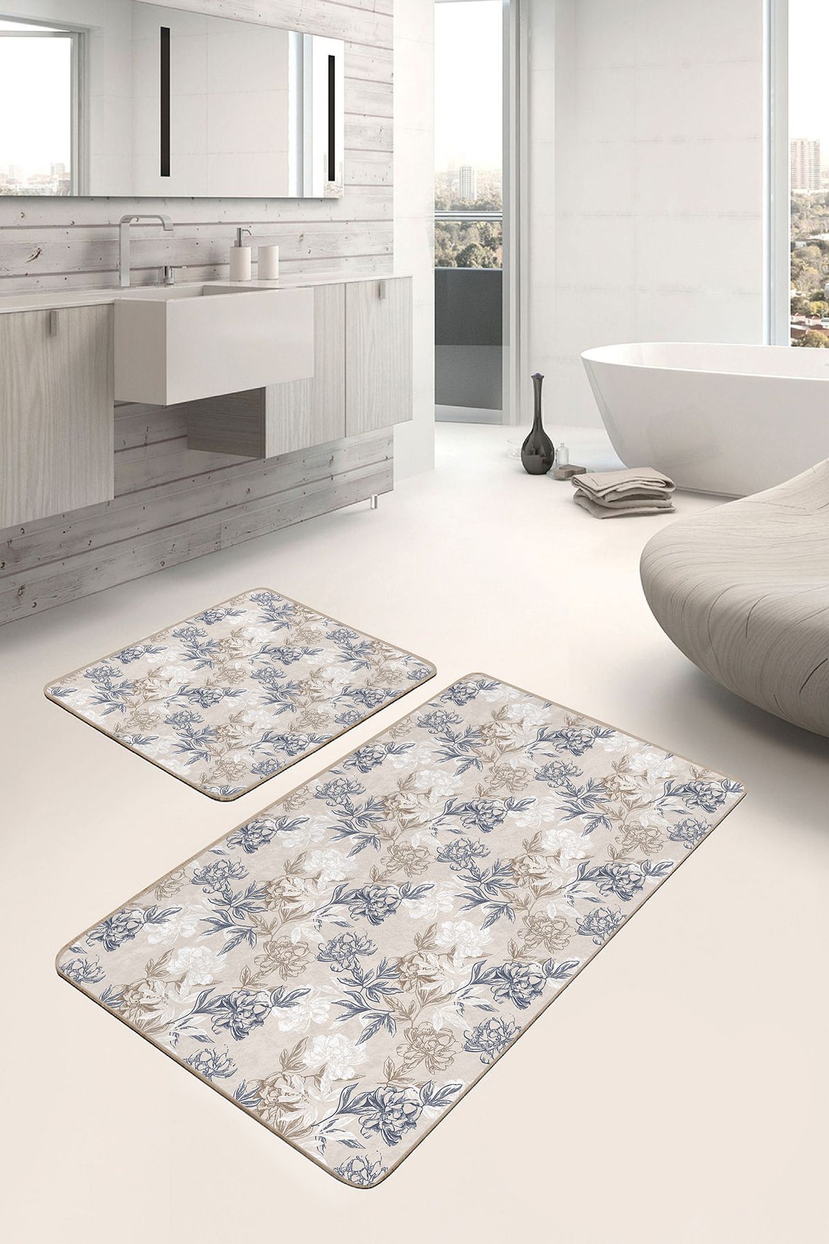 Realhomes 2'li Ekru - Gri Zeminde Floral Motifli Çiçek Desenli Floral Klasik 2'li Banyo & Mutfak Paspas Takımı