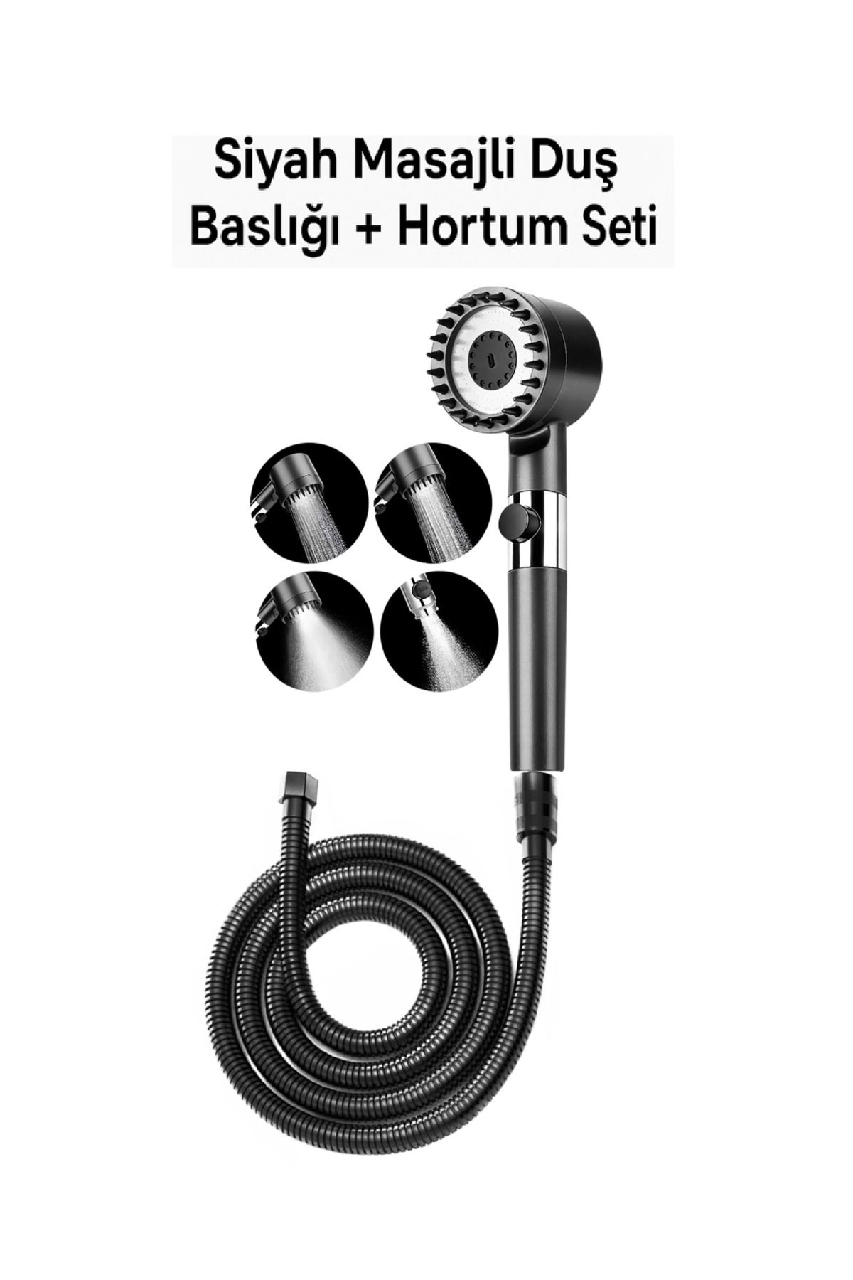 Trendpazarım Masajlı Siyah Duş Başlığı ve Hortumu Seti | Basınçlı Duş Telefonu | 4 Fonksiyon