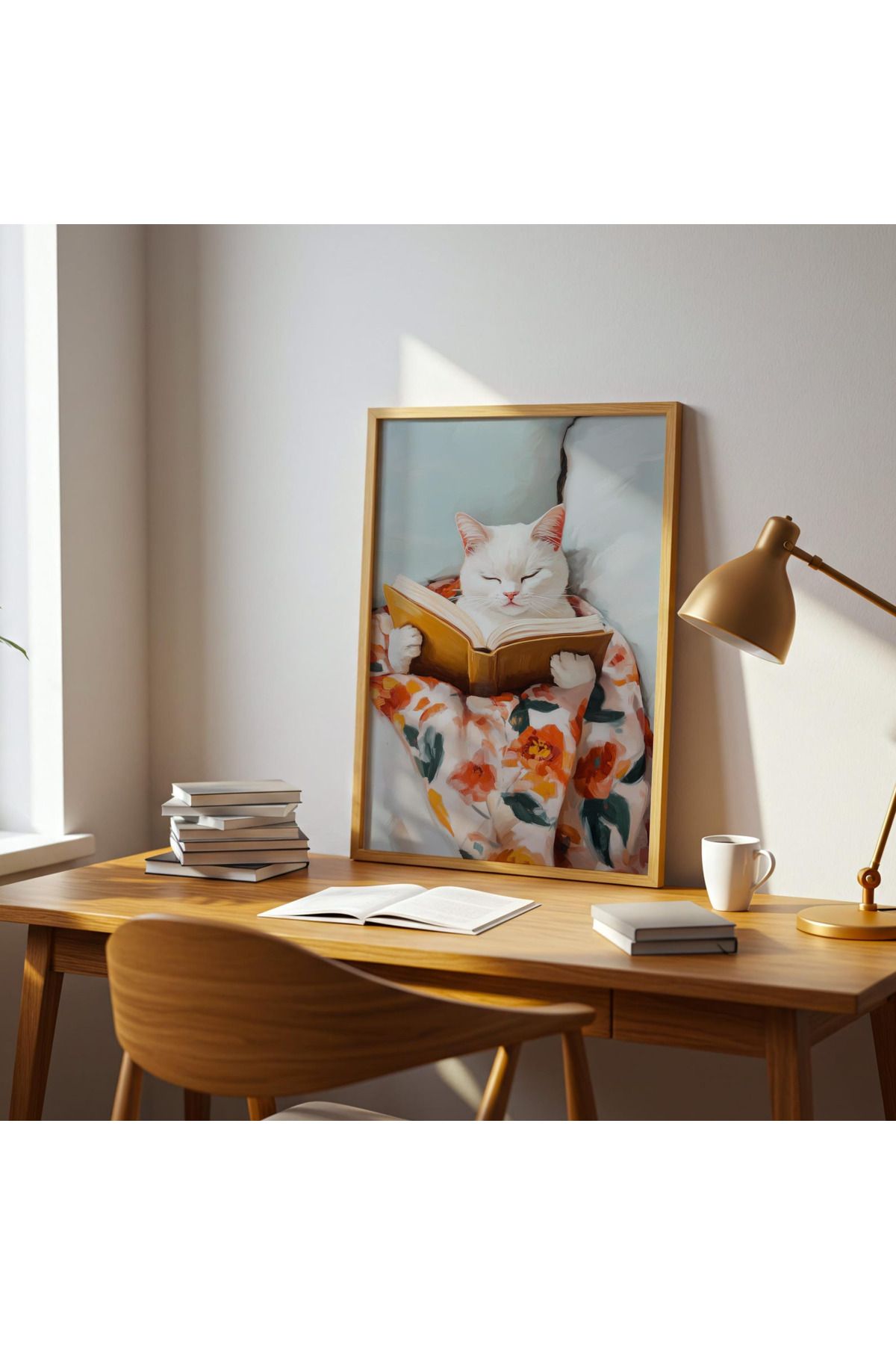 woodhomeworks tek parça kitap okuyan beyaz kedim salon ofis dekor tablo