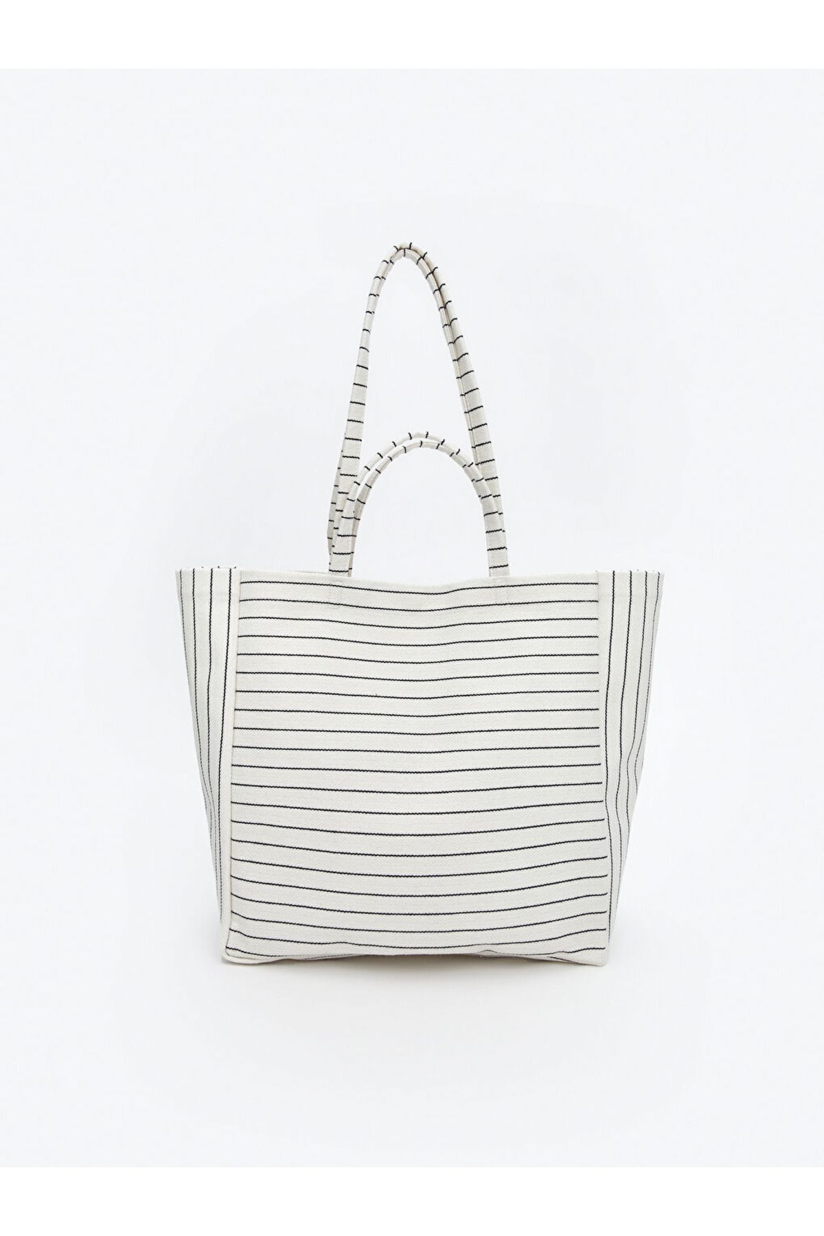 LC Waikiki Ekru Çizgili Kanvas Kadın Plaj Çantası 38x38x18 cm