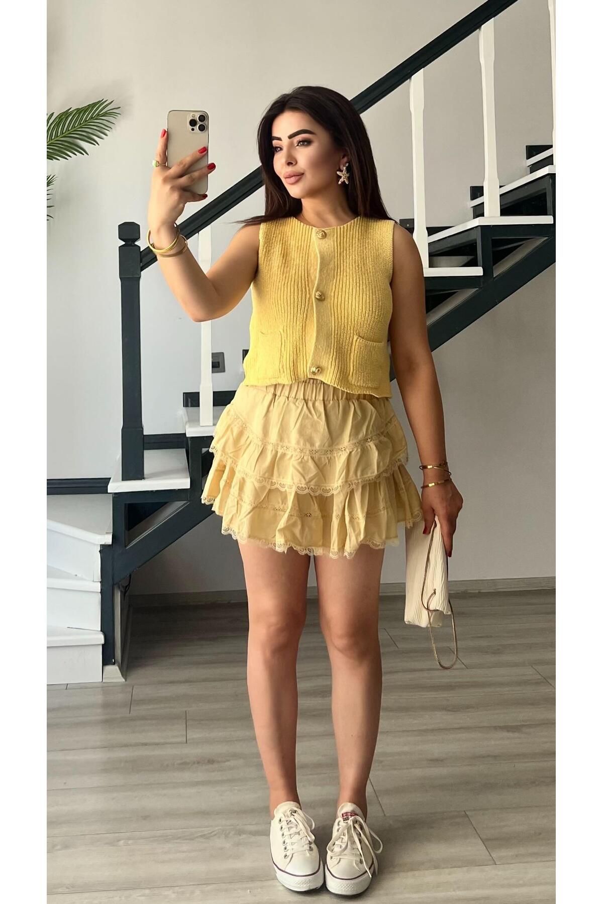Oslove Sarı Dantelli Şortlu Etek