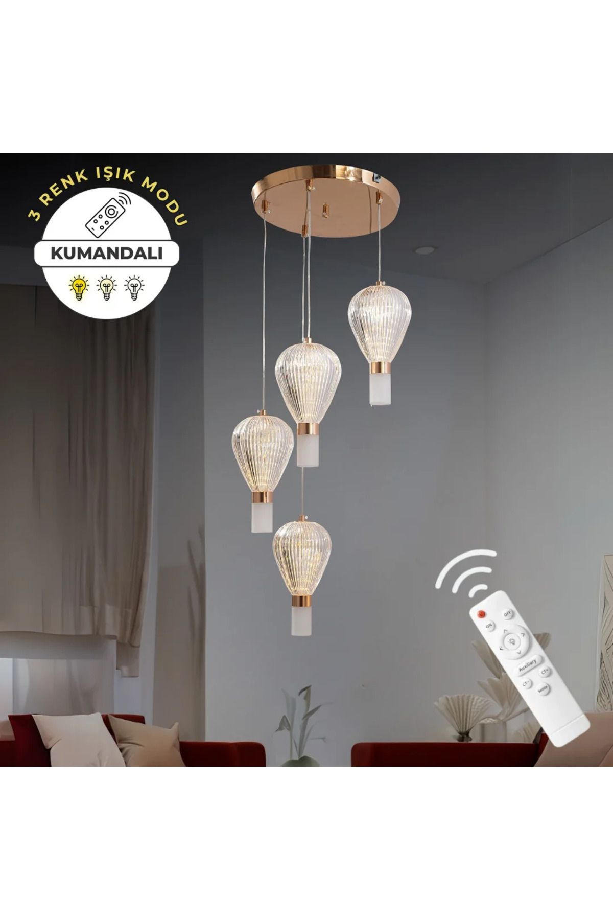 durulight Gold 4'Lü Lüks Kumandalı Dimmerli 3 Renk Ledli Avize Modern Led Avize