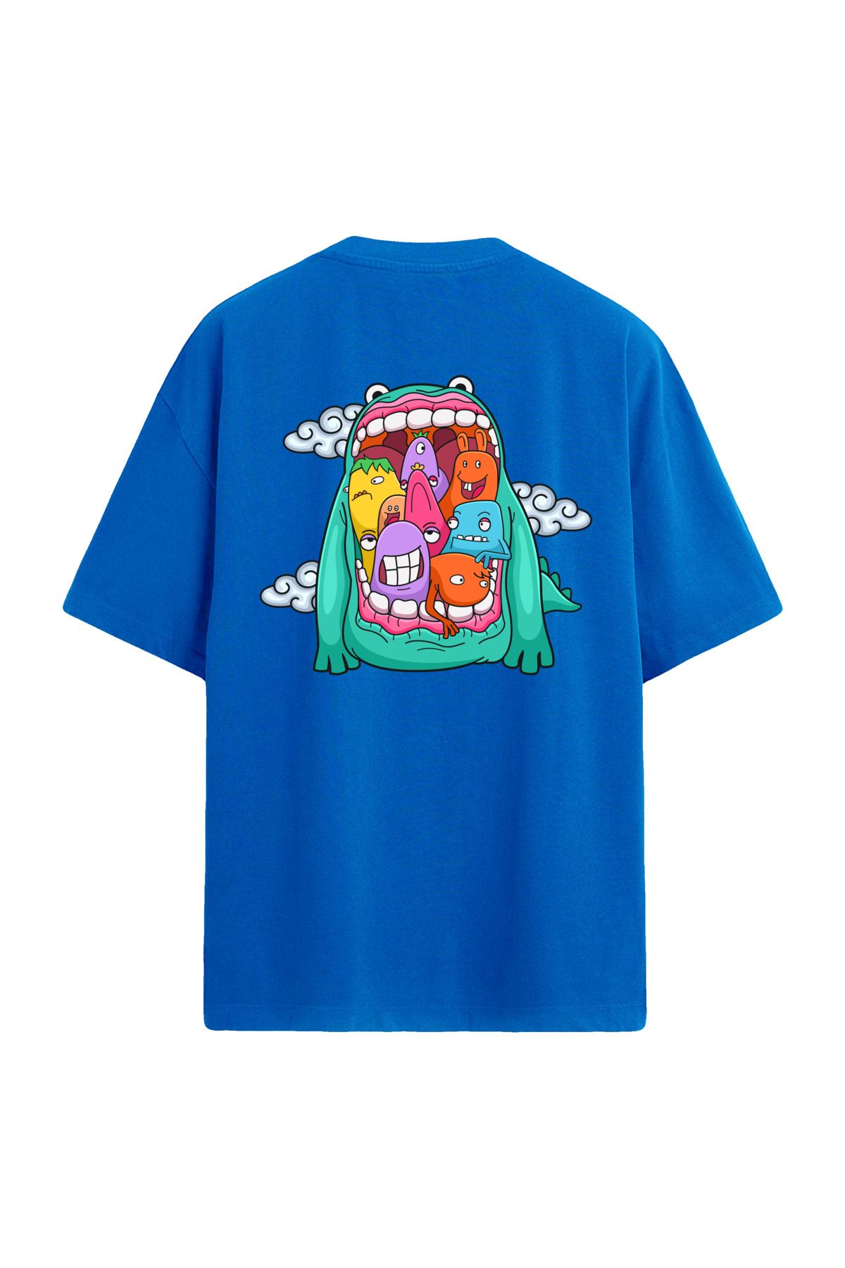 Colermi Renkli Karakter Tasarımlı Sırt Baskılı Oversize Mavi T-Shirt