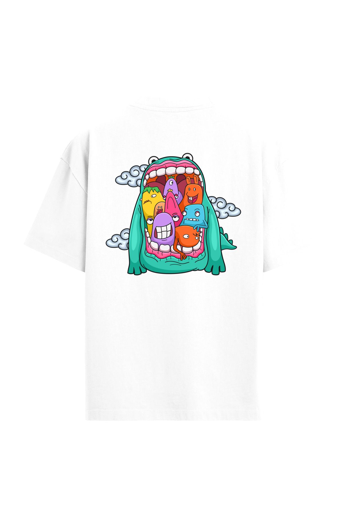 Colermi Renkli Karakter Tasarımlı Sırt Baskılı Oversize Beyaz T-Shirt