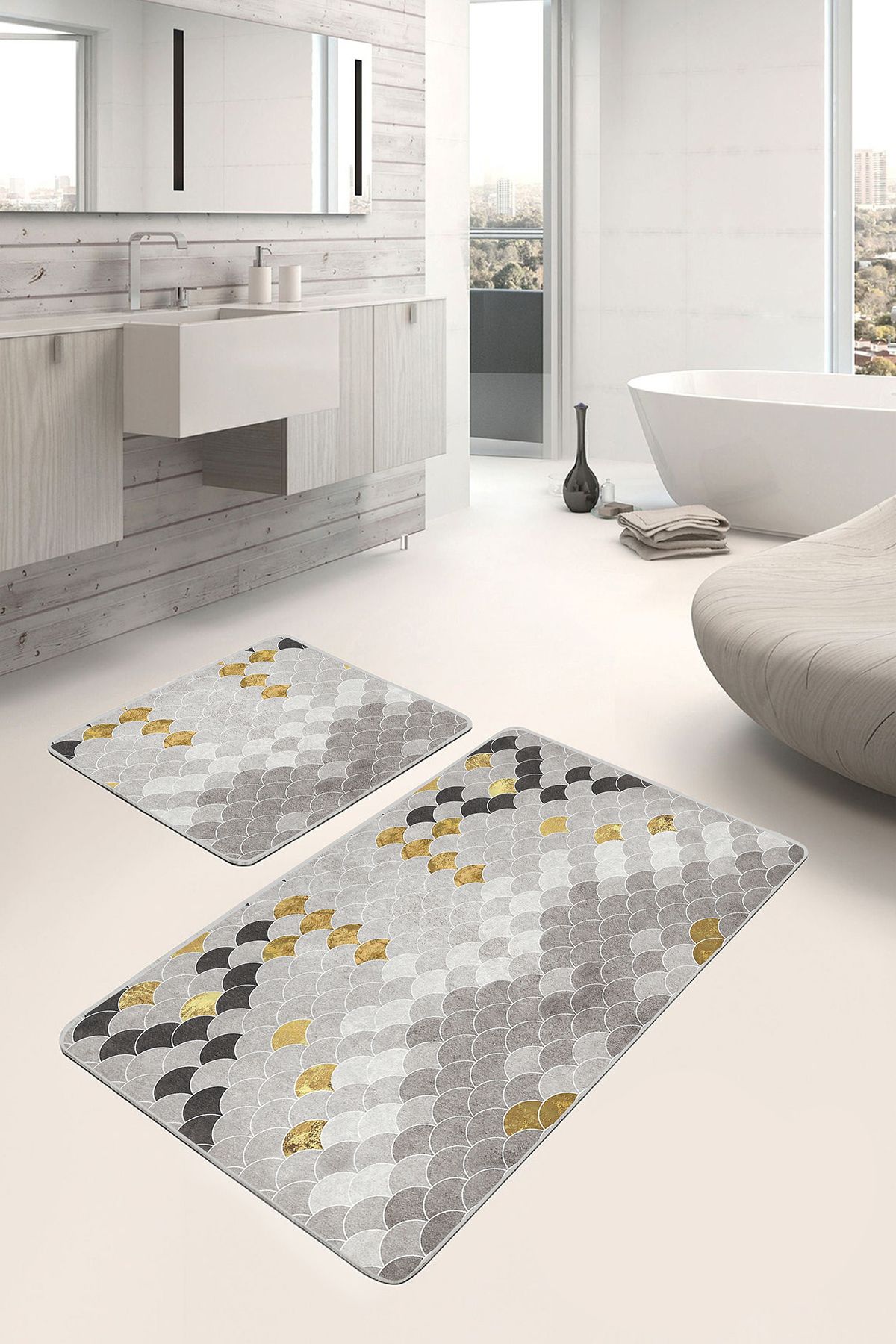 Realhomes 2'li Set Gold - Krem Zeminde Pul Motifli Geometrik Geometrik Sade & Şık 2'li Banyo Paspas Takımı