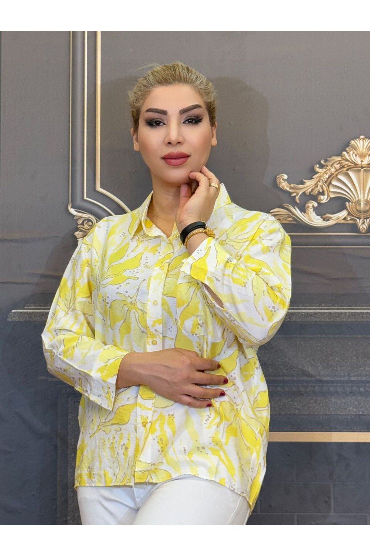 Yeşilmoda Gömlek Sarı renk Pamuklu viskon Erkek yaka Uzun kollu Desenli Standart beden tek cepli günlük