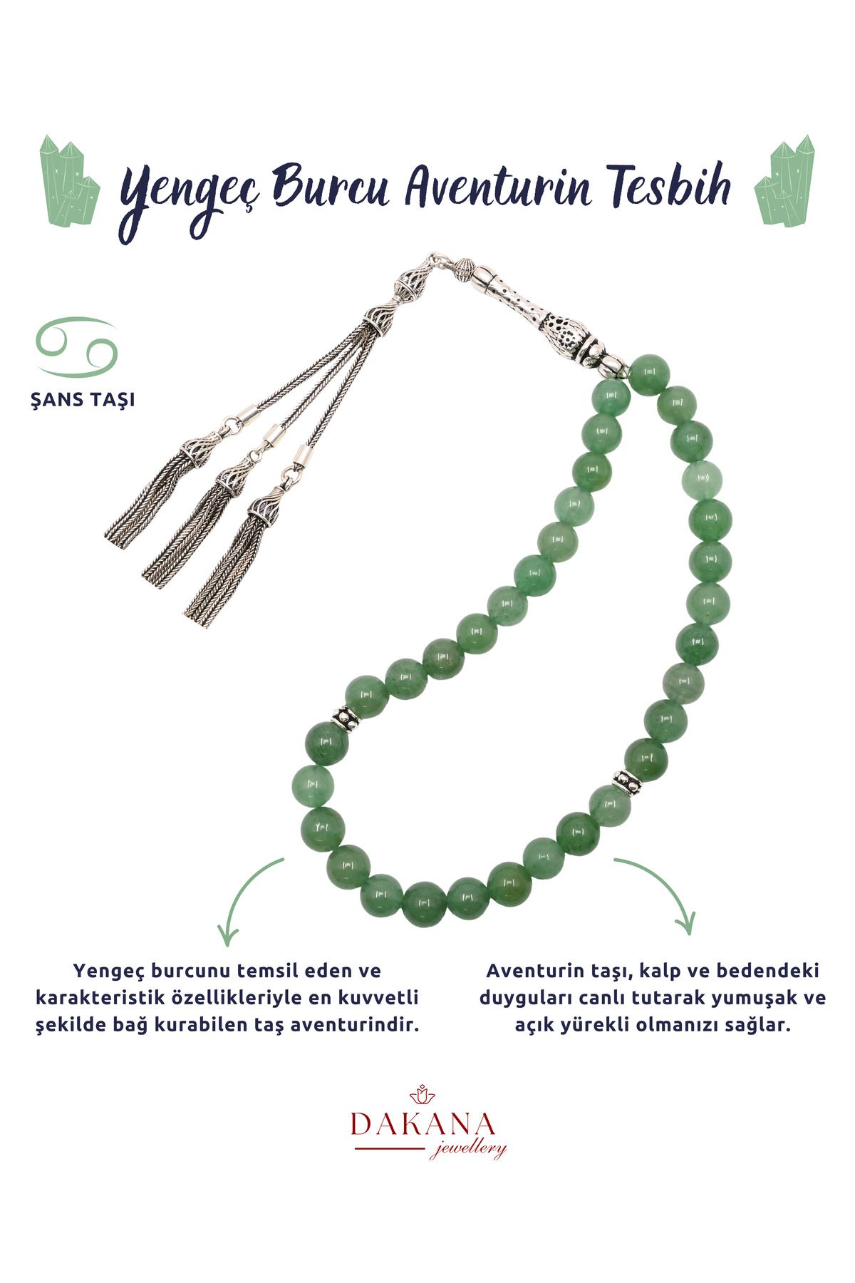 DAKANA JEWELLERY Sertifikalı Aventurin Taşı Yengeç Burcu Gümüş Doğal Taş Tesbih