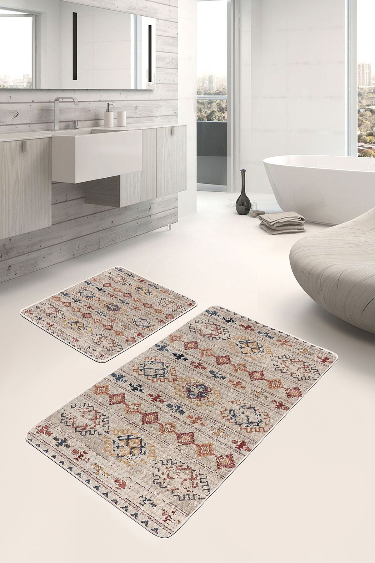 Realhomes 2'li Set Krem Zeminde Kilim Motifli Baklava Desenli Etnik Motifler Vintage 2'li Banyo Paspas Takımı