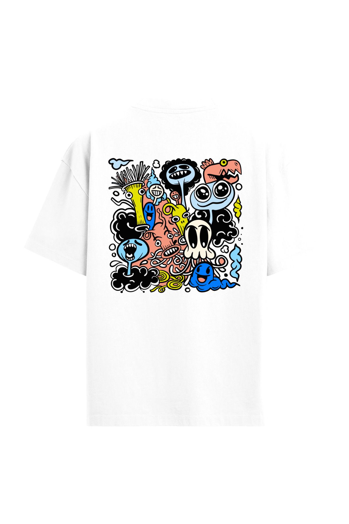 Colermi Renkli İllüstrasyon Sırt Baskılı Oversize Beyaz T-Shirt