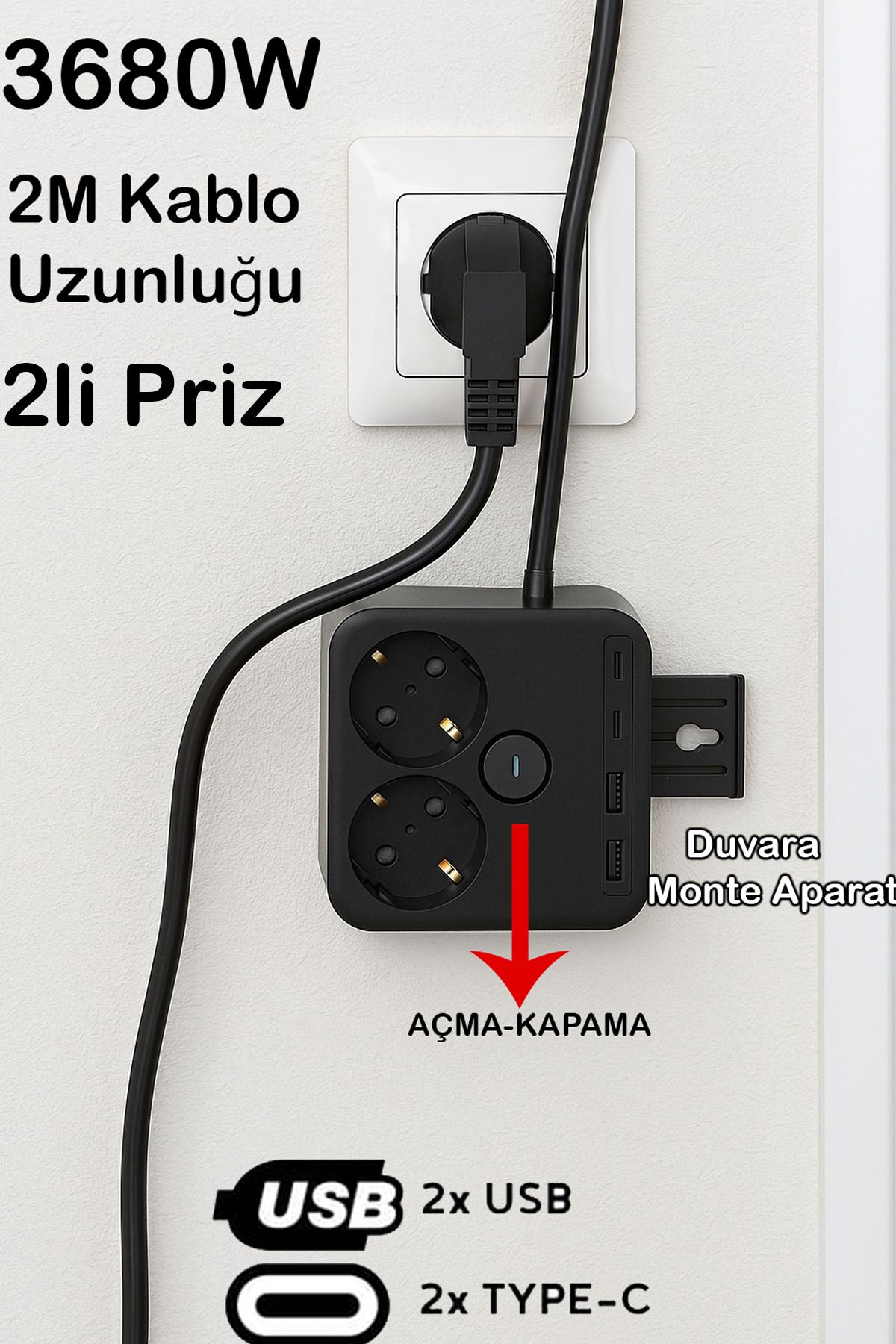 nextbuy 2'li Priz Akım Korumalı 3680W 2x USB Girişi 2x TYPE-C 1.4 Metre Uzatma Şarj Kablosu Anahtarlı FTR-21