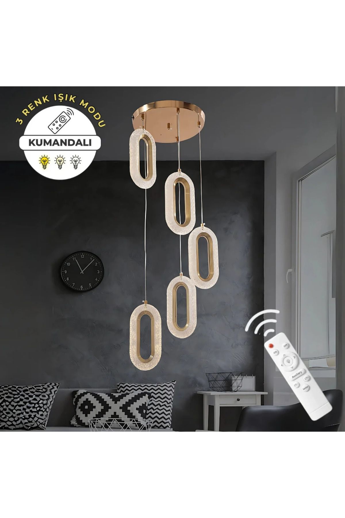 durulight Gold 5'li Lüks Kumandalı Dimmerli 3 Renk Ledli Avize Modern Led Avize