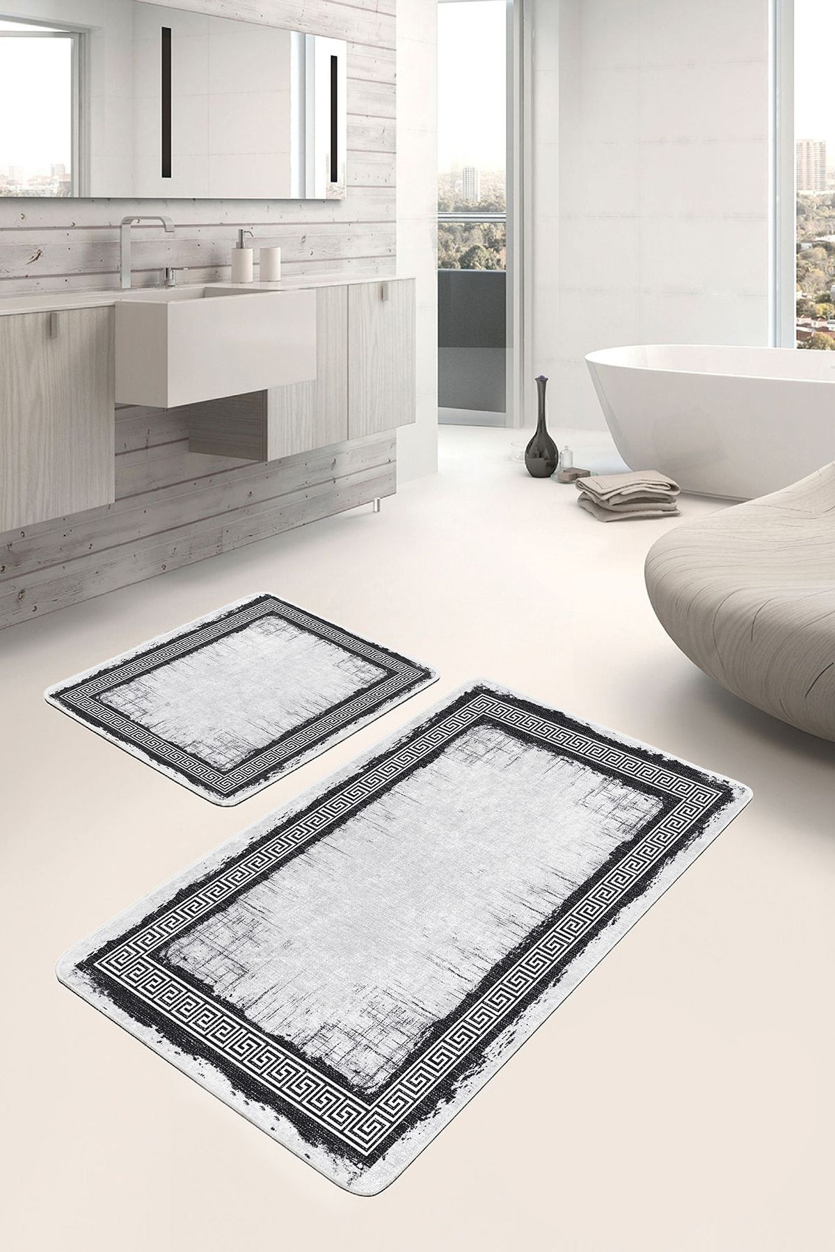 Realhomes Gri - Siyah Zeminde Çerçeveli Motifli Eskitme Geometrik Sade & Şık 2'li Banyo & Mutfak Paspas Takımı