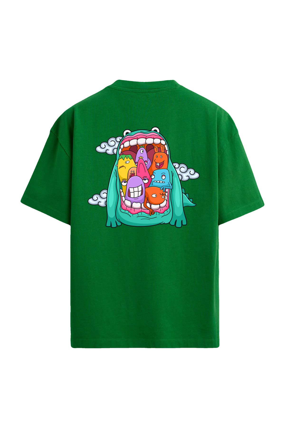 Colermi Renkli Karakter Tasarımlı Sırt Baskılı Oversize Yeşil T-Shirt