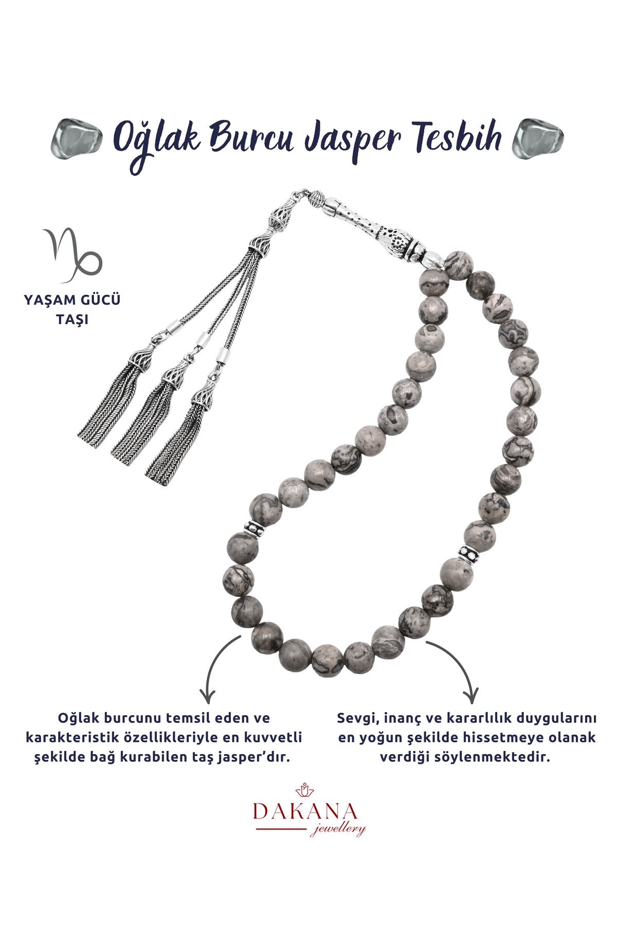 DAKANA JEWELLERY Sertifikalı Gri Jasper Taşı Oğlak Burcu Gümüş Doğal Taş Tesbih