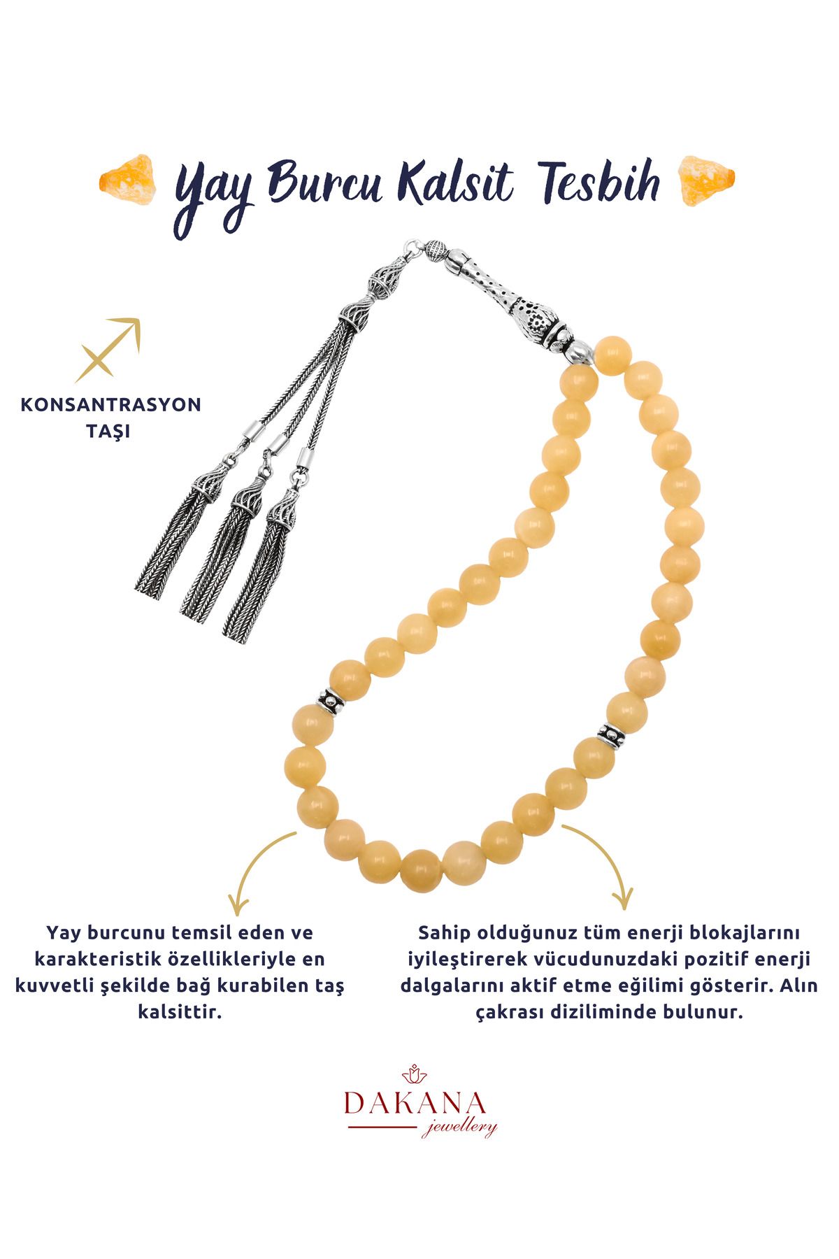 DAKANA JEWELLERY Sertifikalı Kalsit Taşı Yay Burcu Gümüş Doğal Taş Tesbih