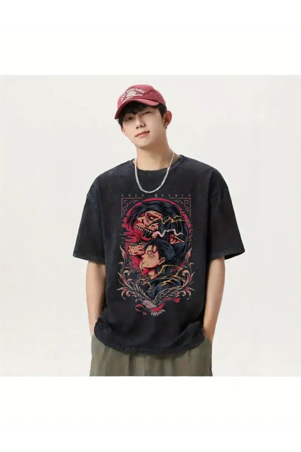 DEEFWEAR Yıkamalı Anime Attack On Titan Ön Baskılı Unisex Oversize Tshirt