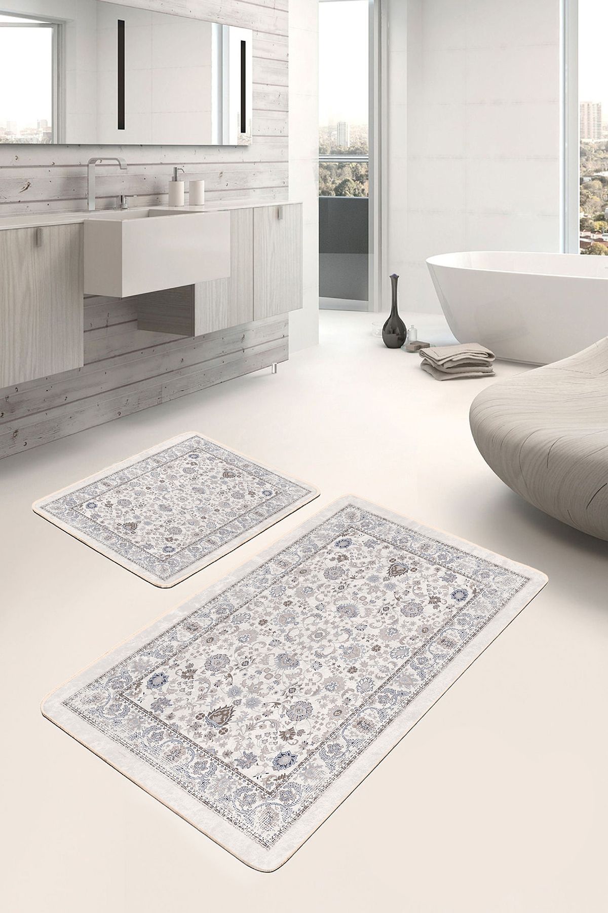 Realhomes 2'li Set Krem Zeminde Kilim Motifli Osmanlı Desenli Etnik Motifler Vintage 2'li Banyo Paspas Takımı